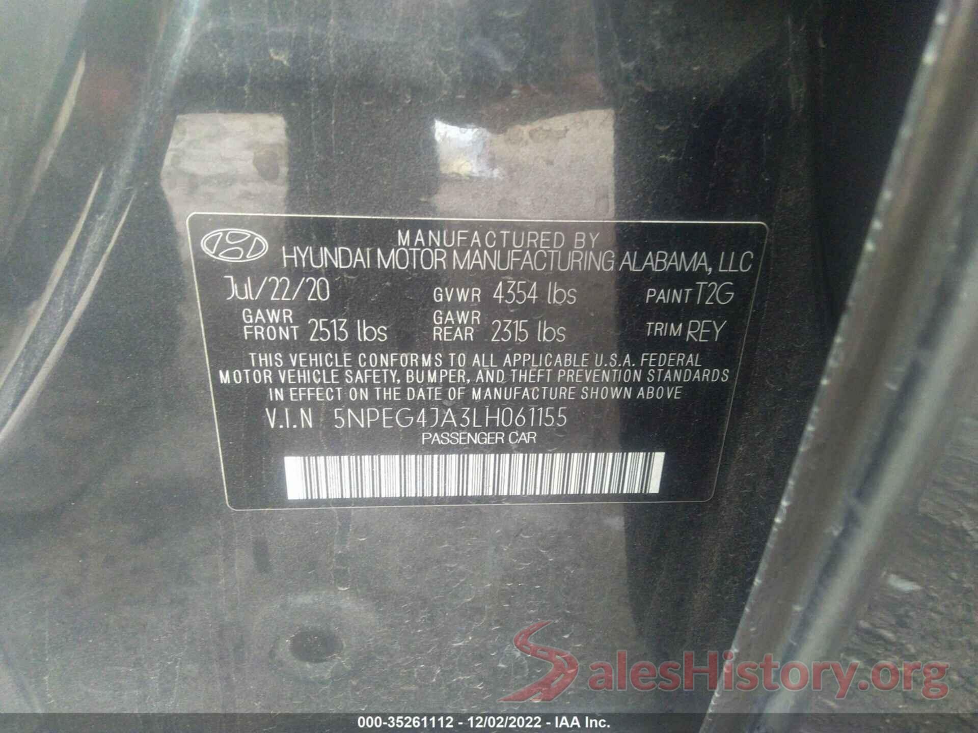 5NPEG4JA3LH061155 2020 HYUNDAI SONATA