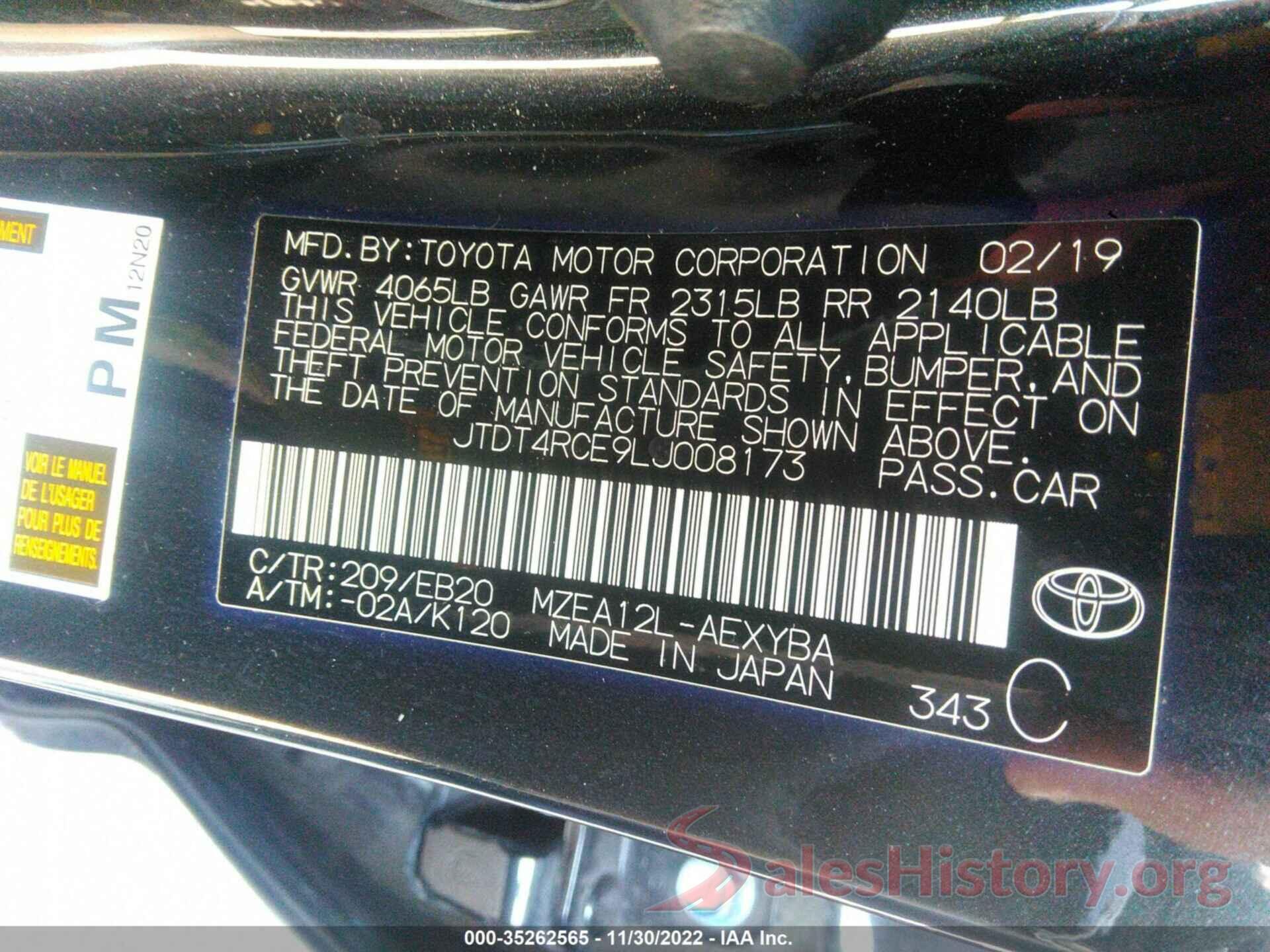 JTDT4RCE9LJ008173 2020 TOYOTA COROLLA