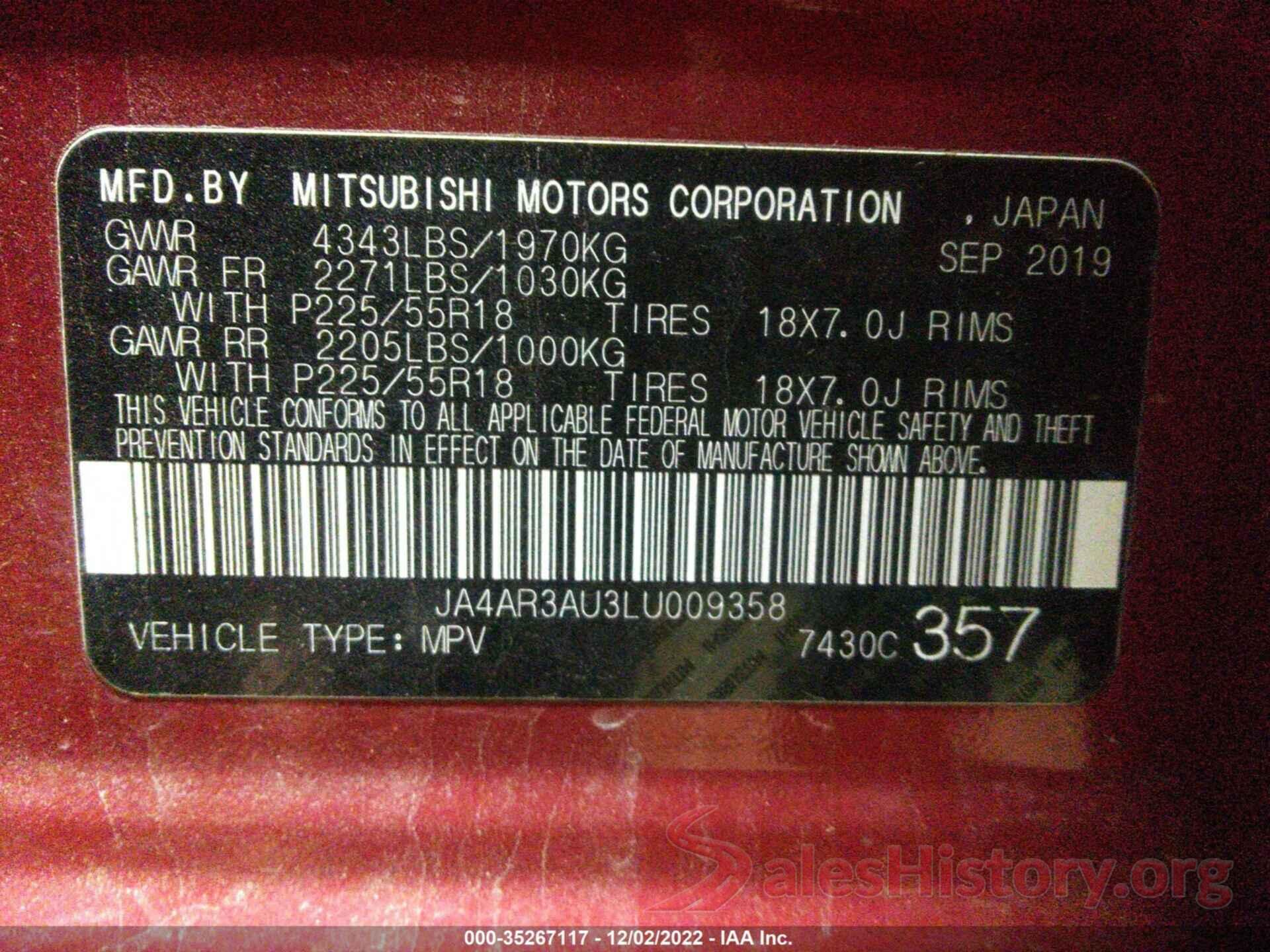 JA4AR3AU3LU009358 2020 MITSUBISHI OUTLANDER SPORT