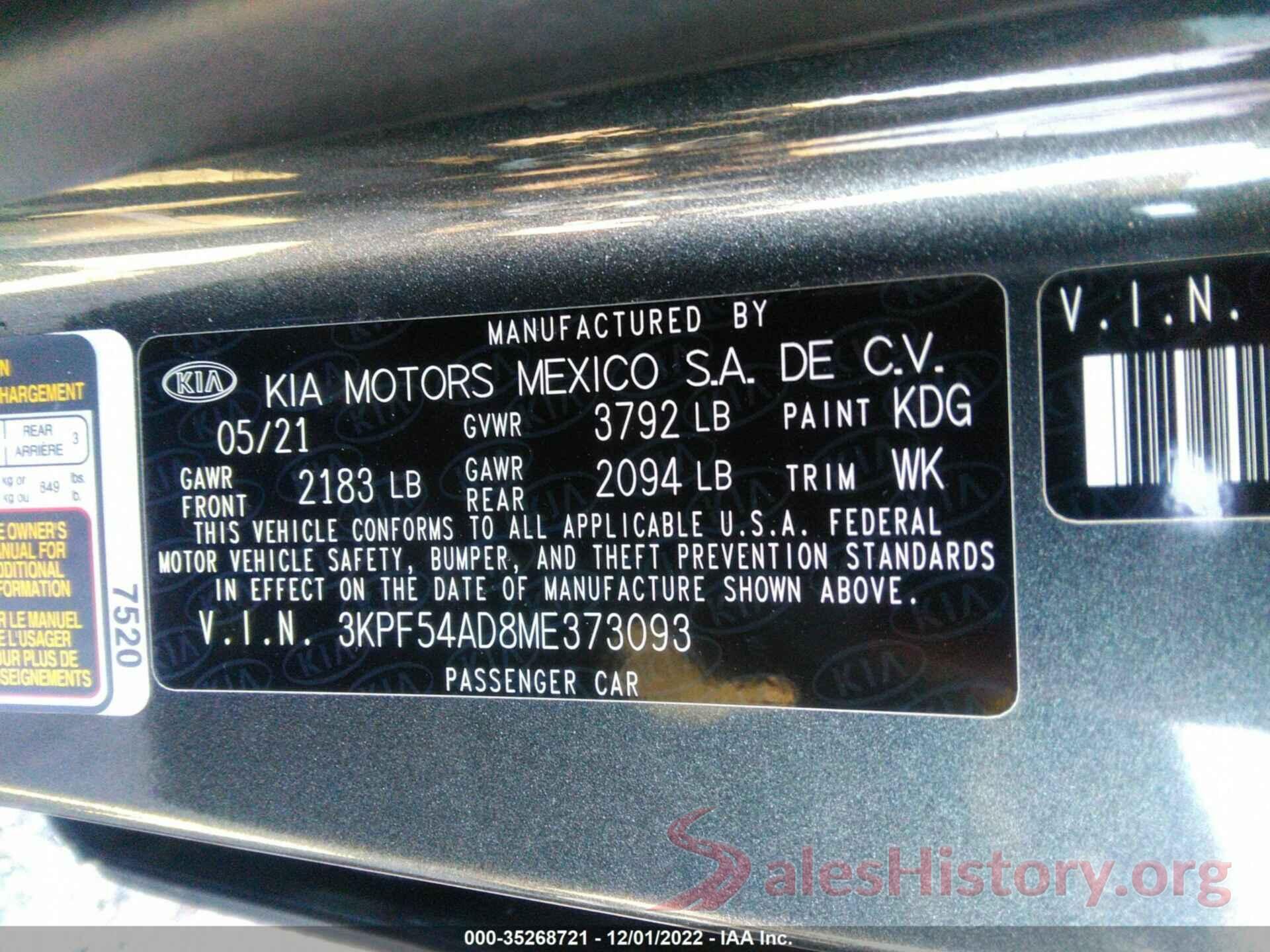 3KPF54AD8ME373093 2021 KIA FORTE