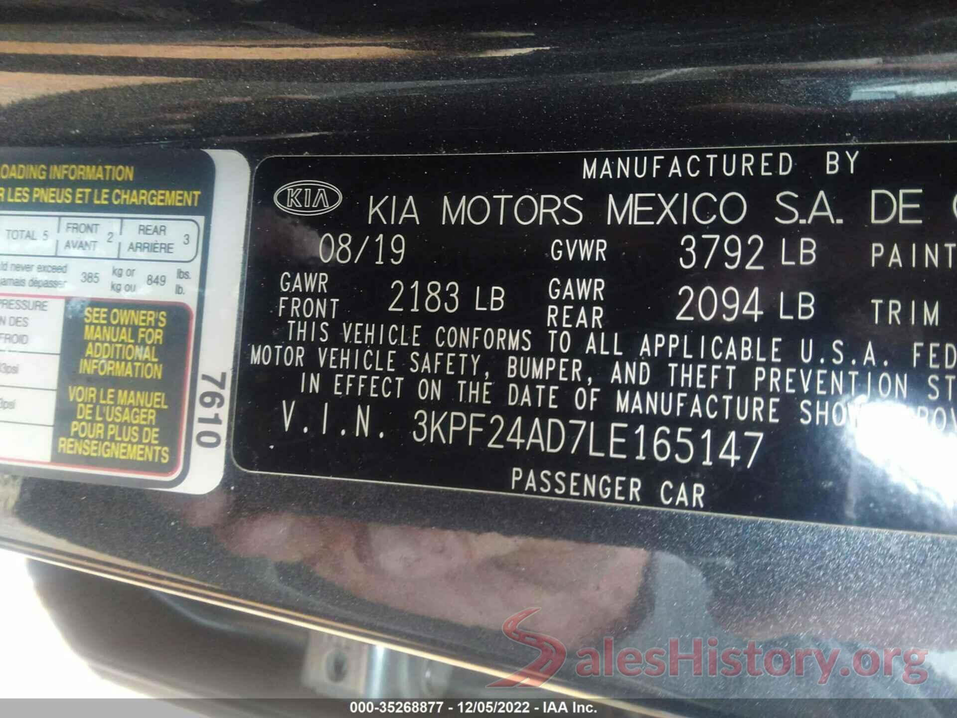 3KPF24AD7LE165147 2020 KIA FORTE