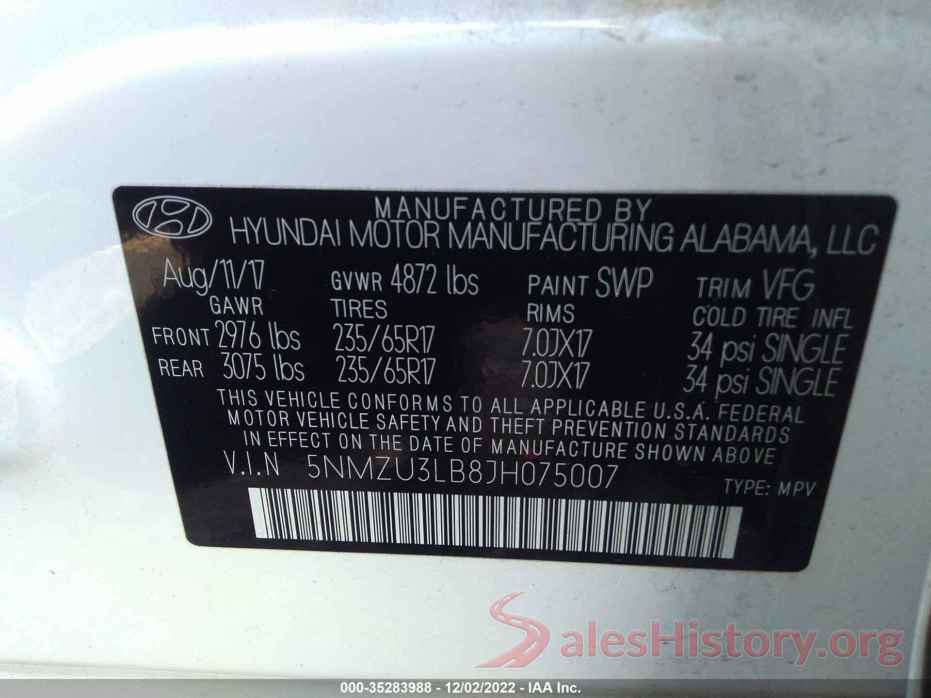 5NMZU3LB8JH075007 2018 HYUNDAI SANTA FE SPORT