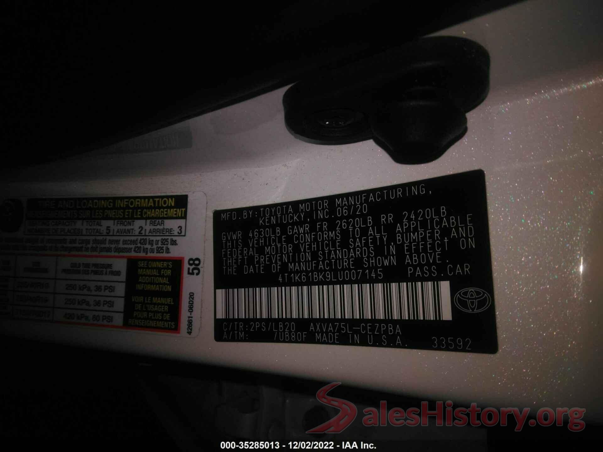 4T1K61BK9LU007145 2020 TOYOTA CAMRY