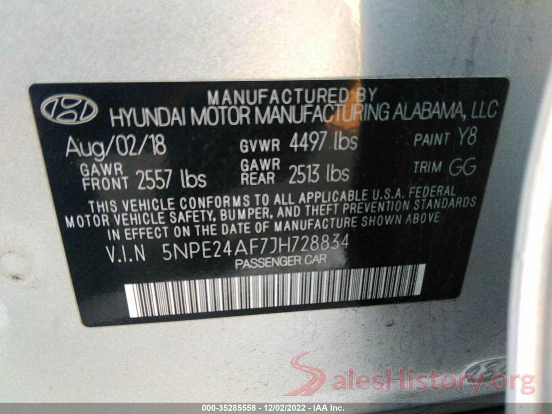 5NPE24AF7JH728834 2018 HYUNDAI SONATA