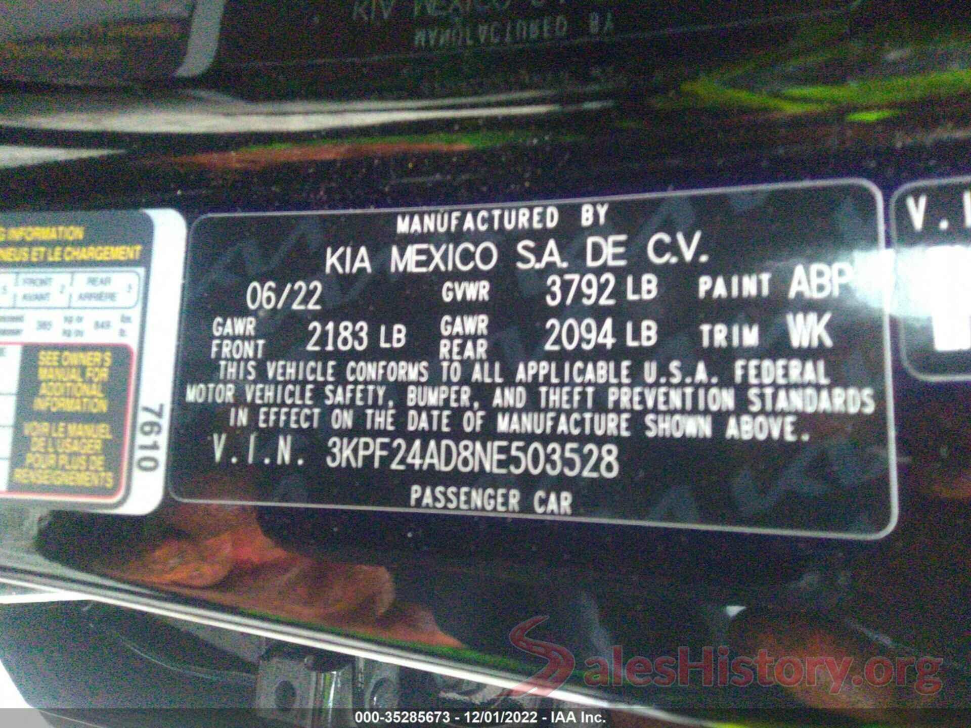 3KPF24AD8NE503528 2022 KIA FORTE