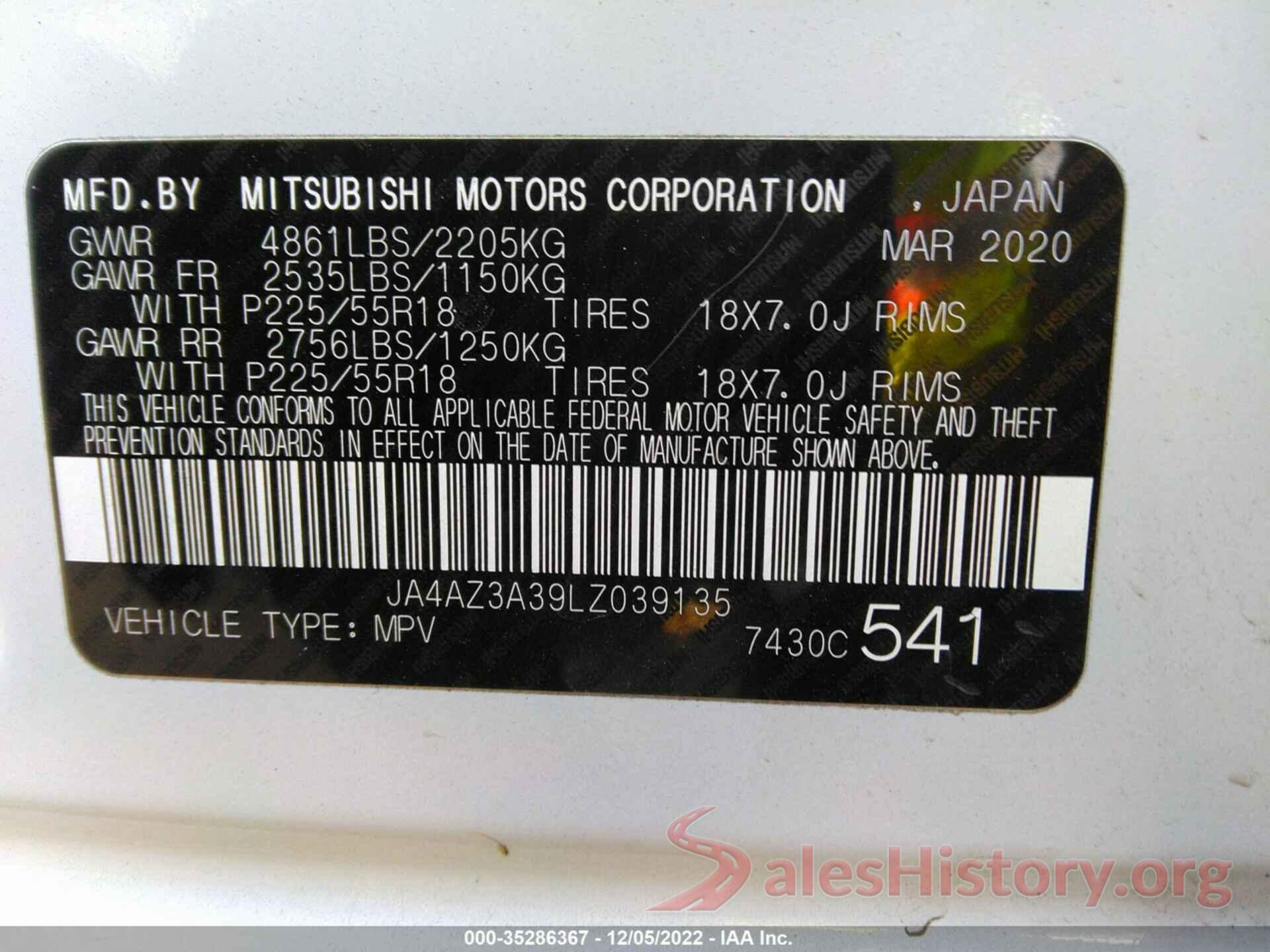 JA4AZ3A39LZ039135 2020 MITSUBISHI OUTLANDER