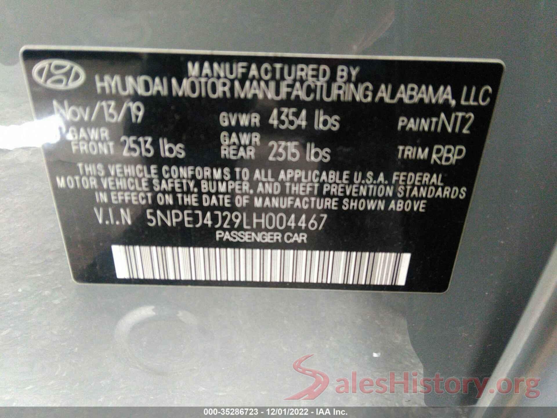 5NPEJ4J29LH004467 2020 HYUNDAI SONATA