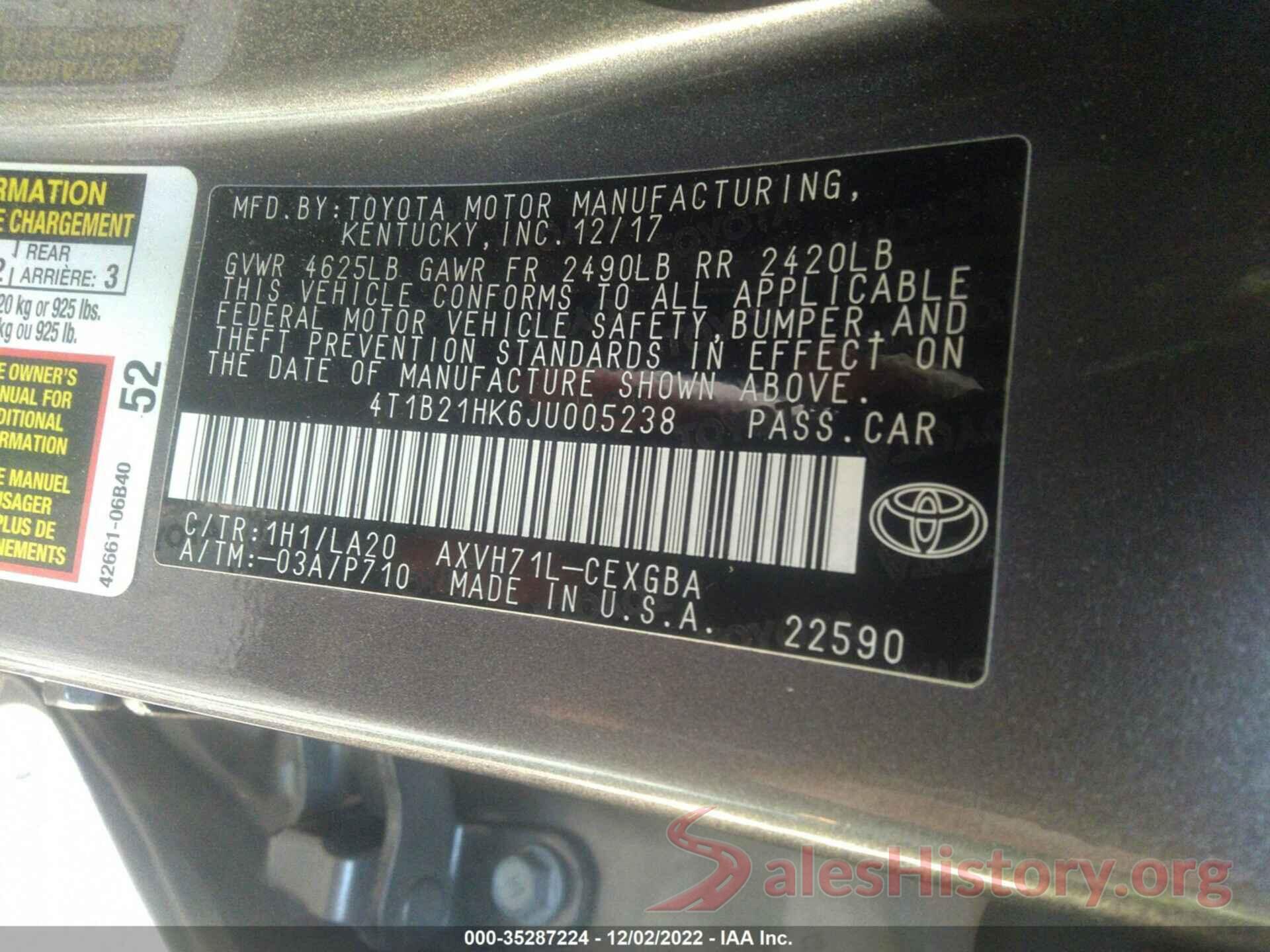 4T1B21HK6JU005238 2018 TOYOTA CAMRY