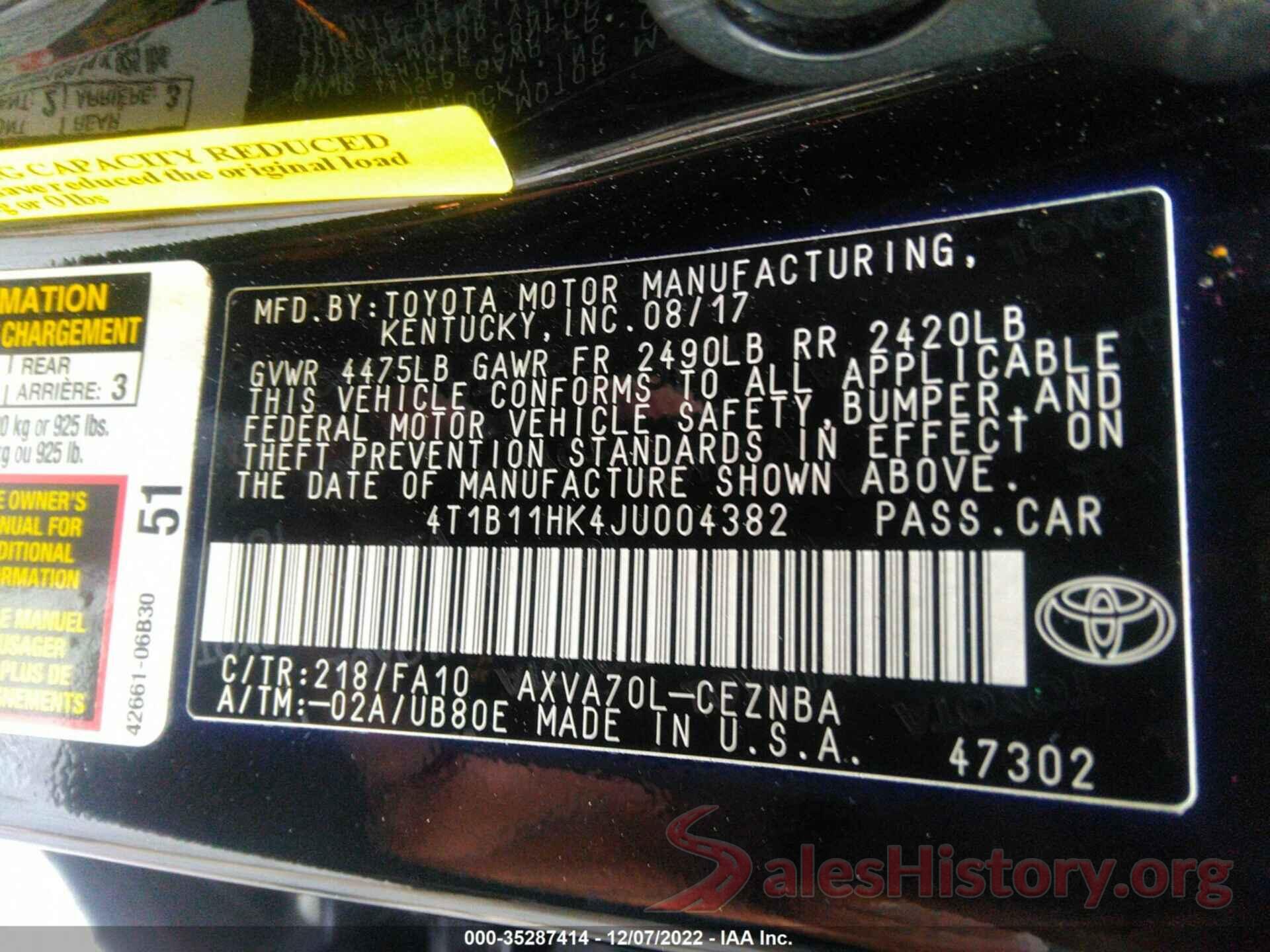 4T1B11HK4JU004382 2018 TOYOTA CAMRY