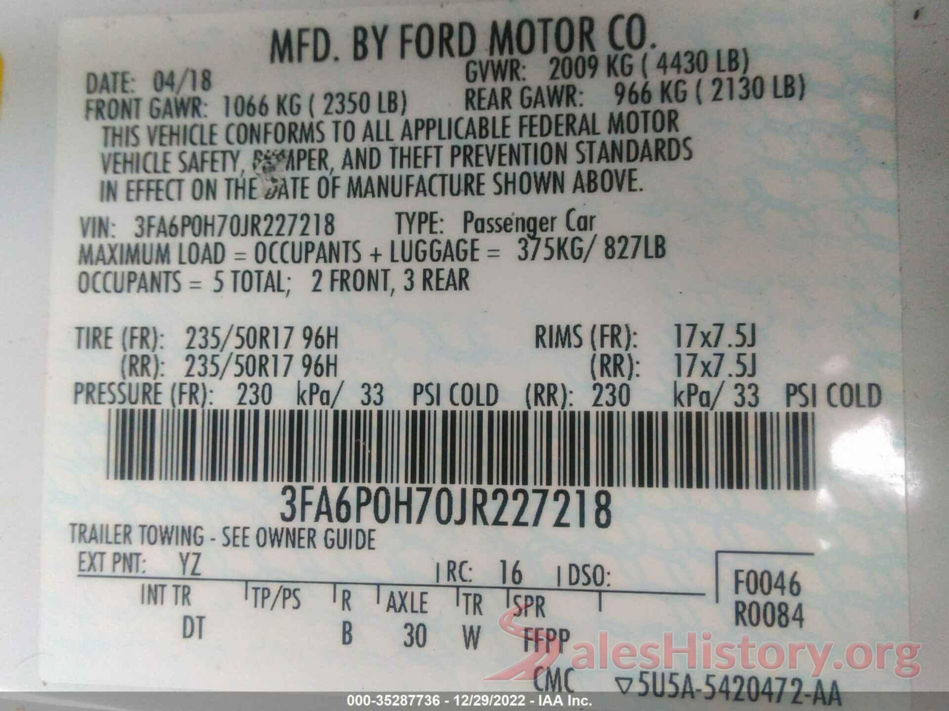 3FA6P0H70JR227218 2018 FORD FUSION