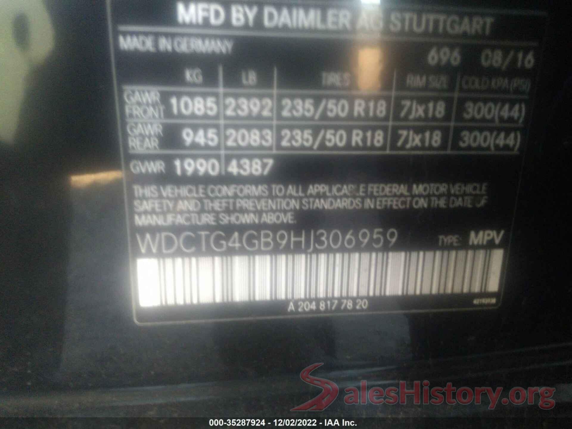 WDCTG4GB9HJ306959 2017 MERCEDES-BENZ GLA