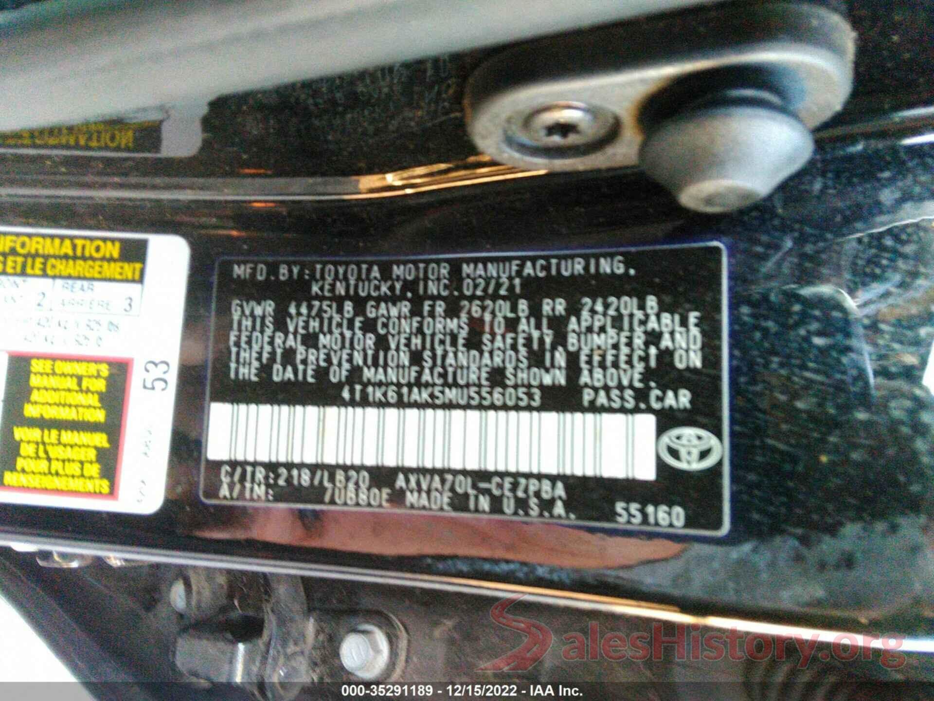 4T1K61AK5MU556053 2021 TOYOTA CAMRY