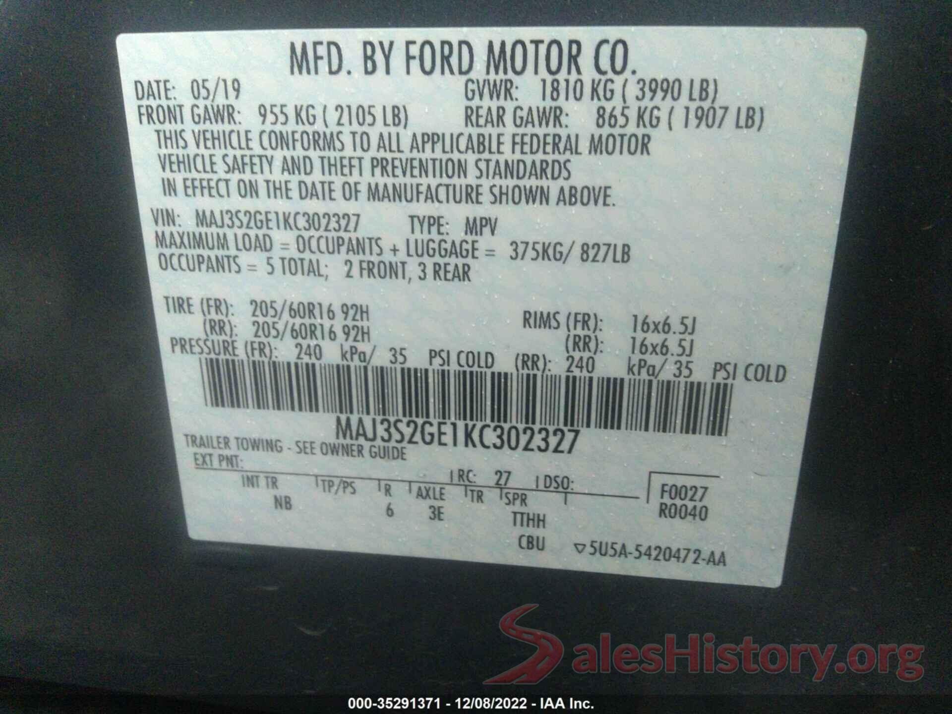 MAJ3S2GE1KC302327 2019 FORD ECOSPORT