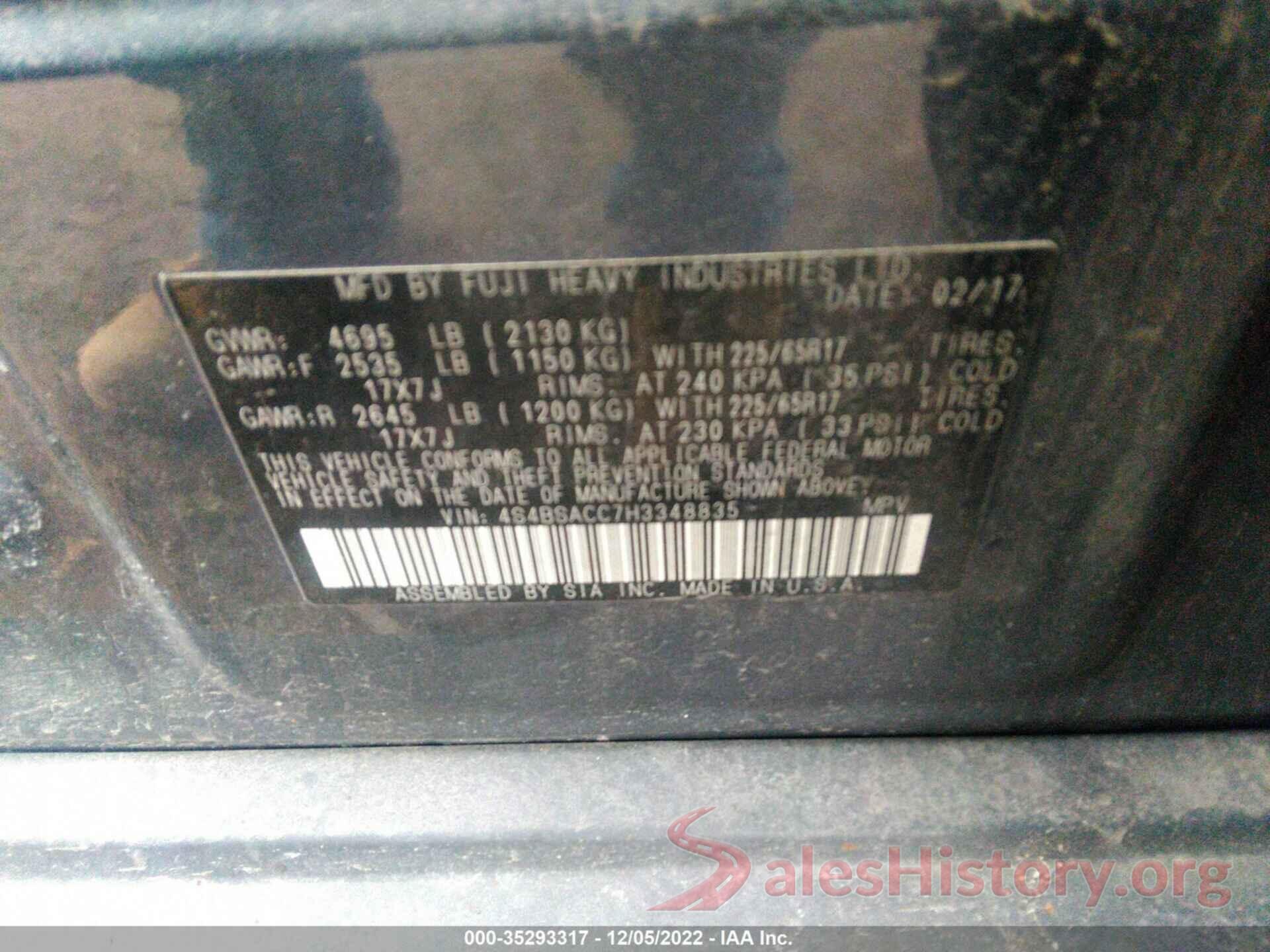 4S4BSACC7H3348835 2017 SUBARU OUTBACK