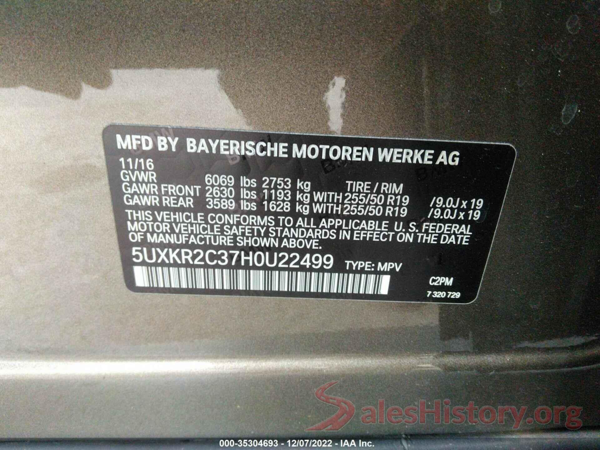 5UXKR2C37H0U22499 2017 BMW X5