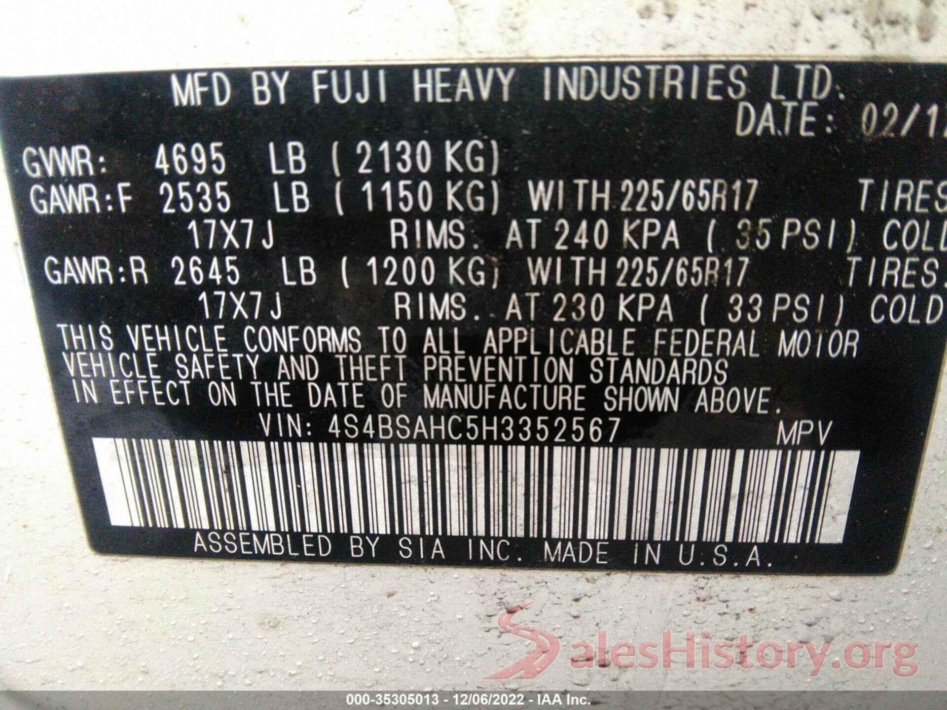 4S4BSAHC5H3352567 2017 SUBARU OUTBACK