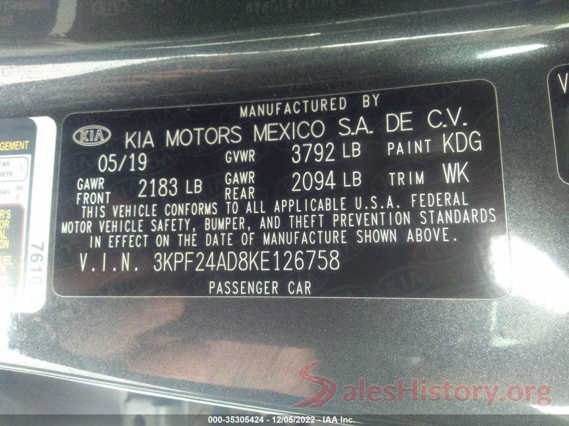 3KPF24AD8KE126758 2019 KIA FORTE