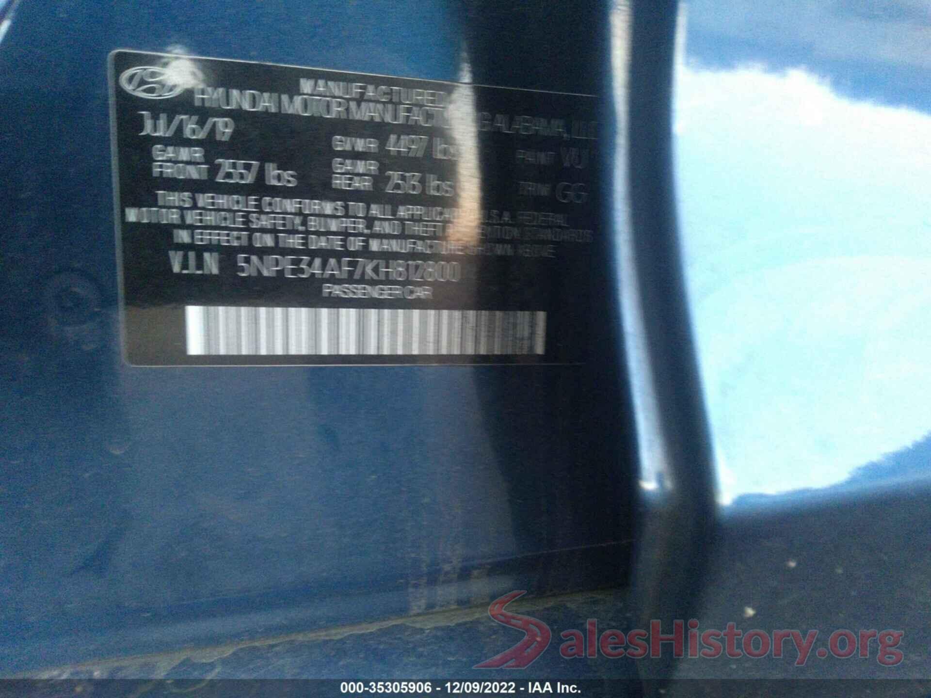 5NPE34AF7KH812800 2019 HYUNDAI SONATA