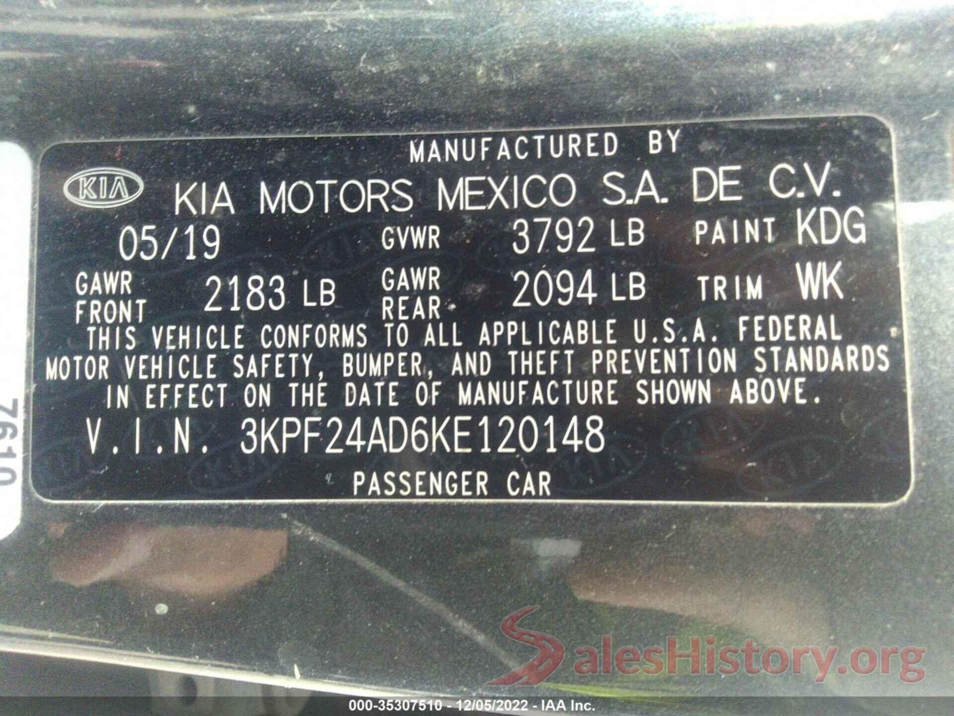 3KPF24AD6KE120148 2019 KIA FORTE