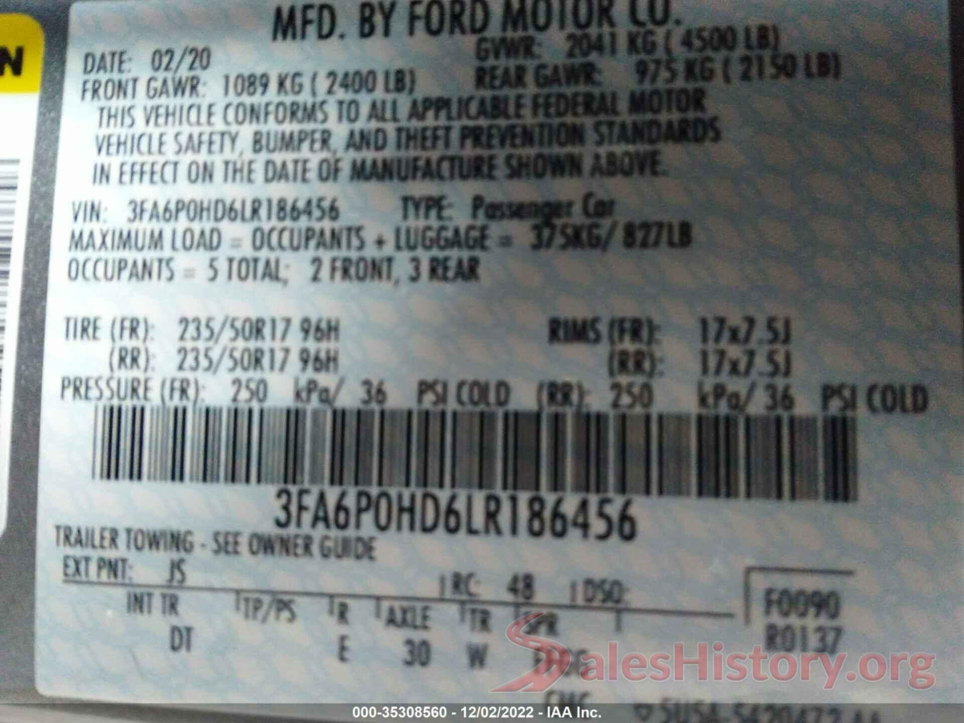 3FA6P0HD6LR186456 2020 FORD FUSION