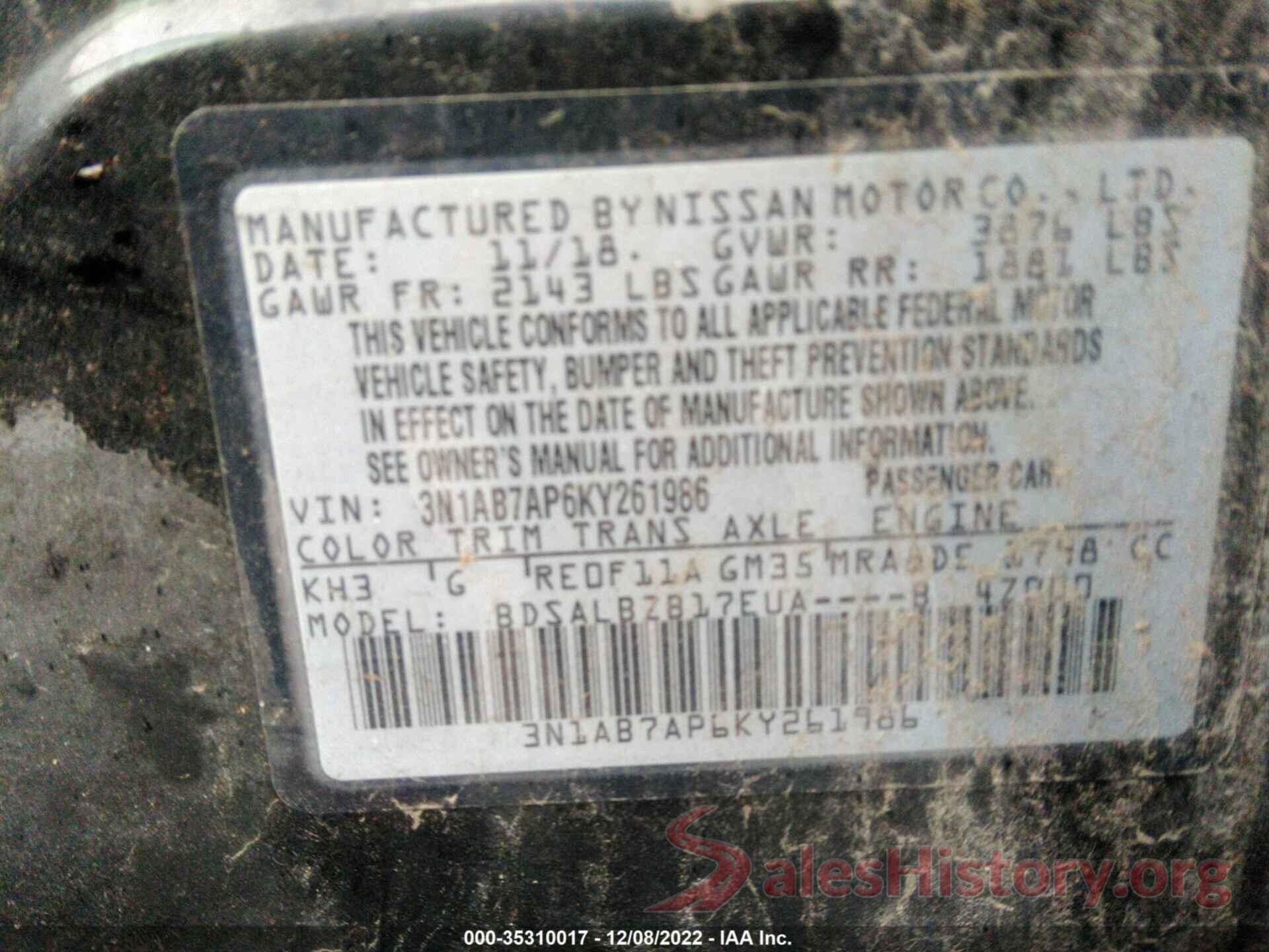 3N1AB7AP6KY261986 2019 NISSAN SENTRA