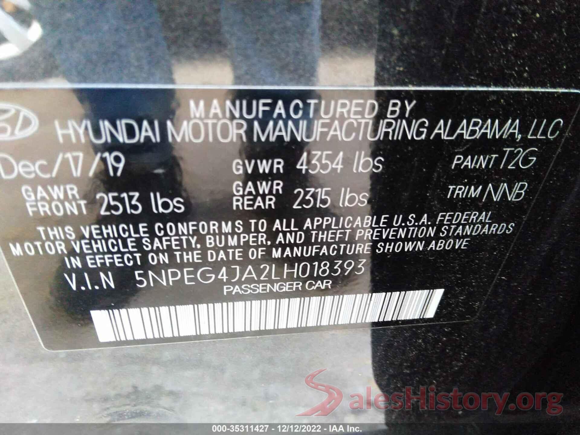 5NPEG4JA2LH018393 2020 HYUNDAI SONATA