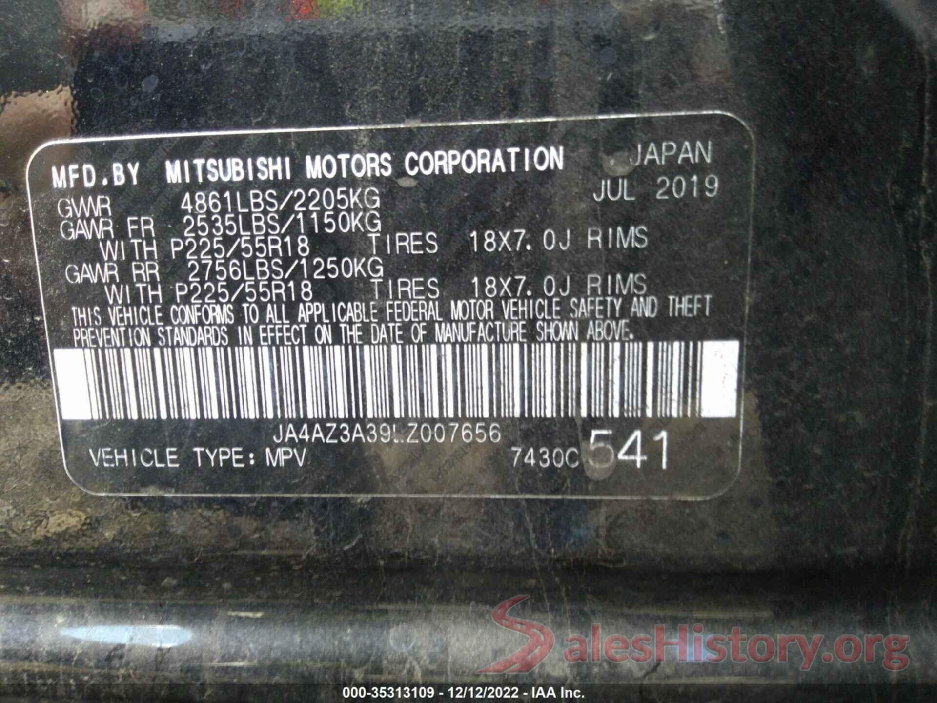 JA4AZ3A39LZ007656 2020 MITSUBISHI OUTLANDER