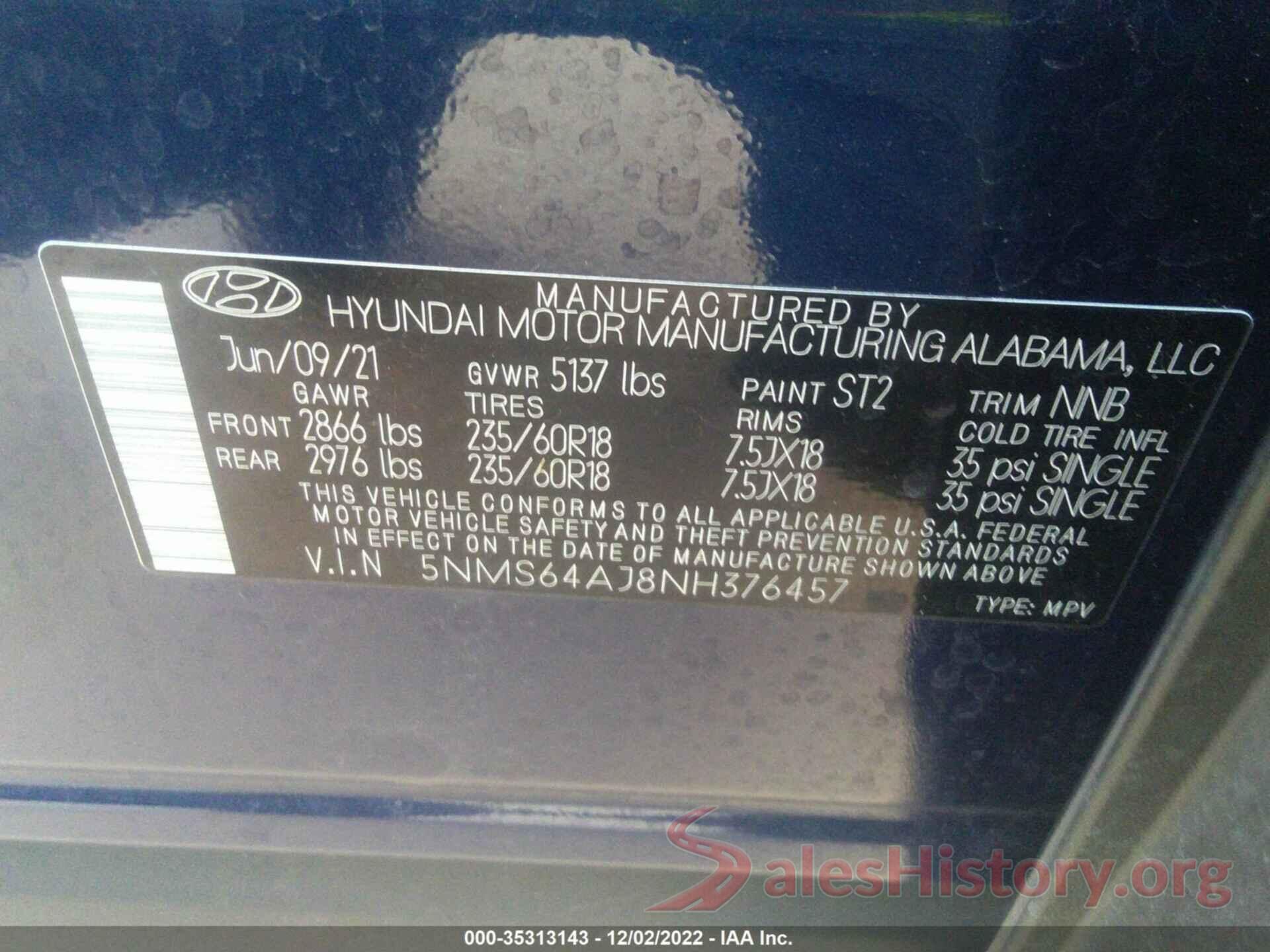 5NMS64AJ8NH376457 2022 HYUNDAI SANTA FE