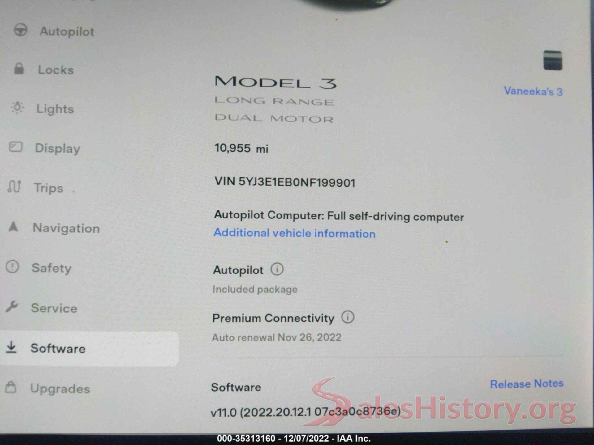 5YJ3E1EB0NF199901 2022 TESLA MODEL 3