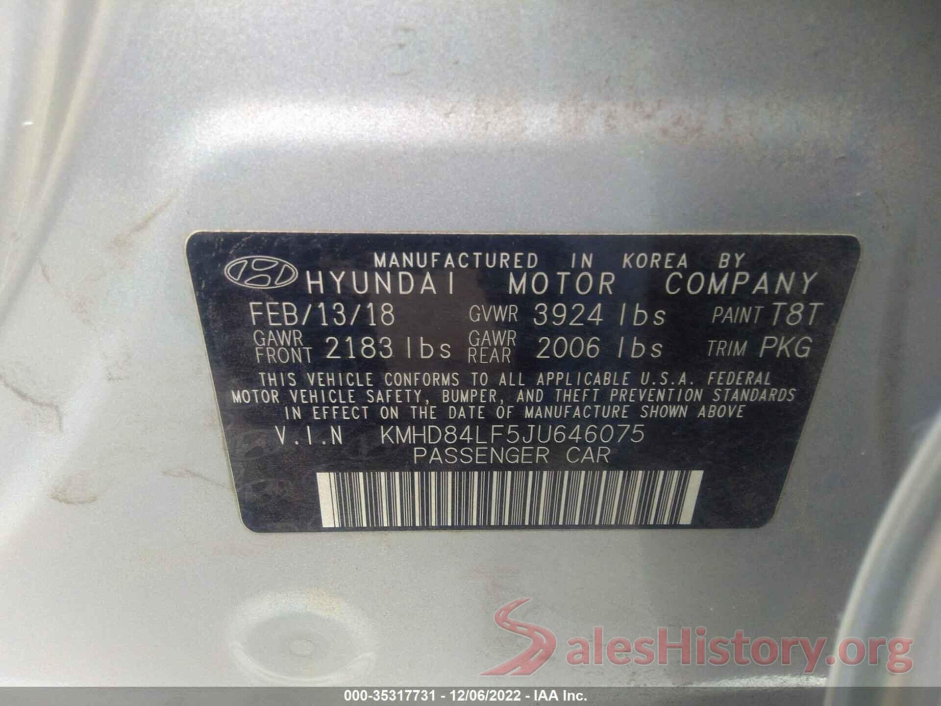 KMHD84LF5JU646075 2018 HYUNDAI ELANTRA