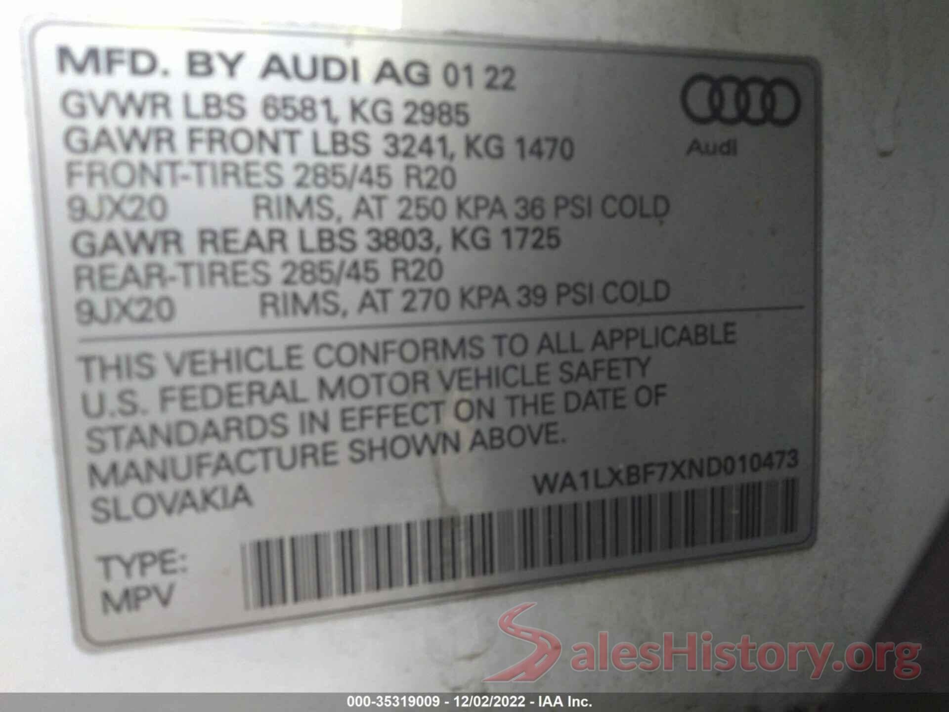 WA1LXBF7XND010473 2022 AUDI Q7