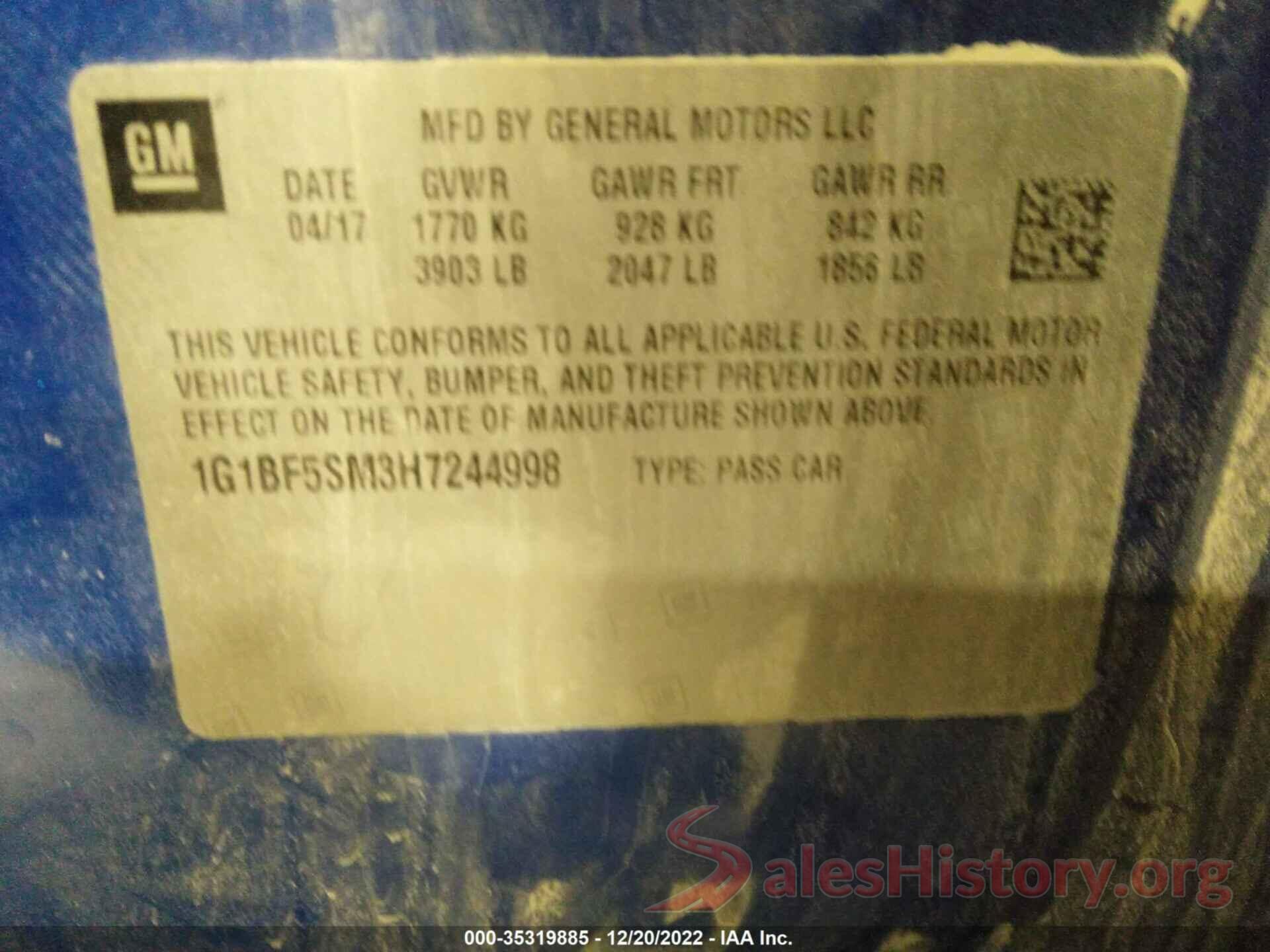 1G1BF5SM3H7244998 2017 CHEVROLET CRUZE