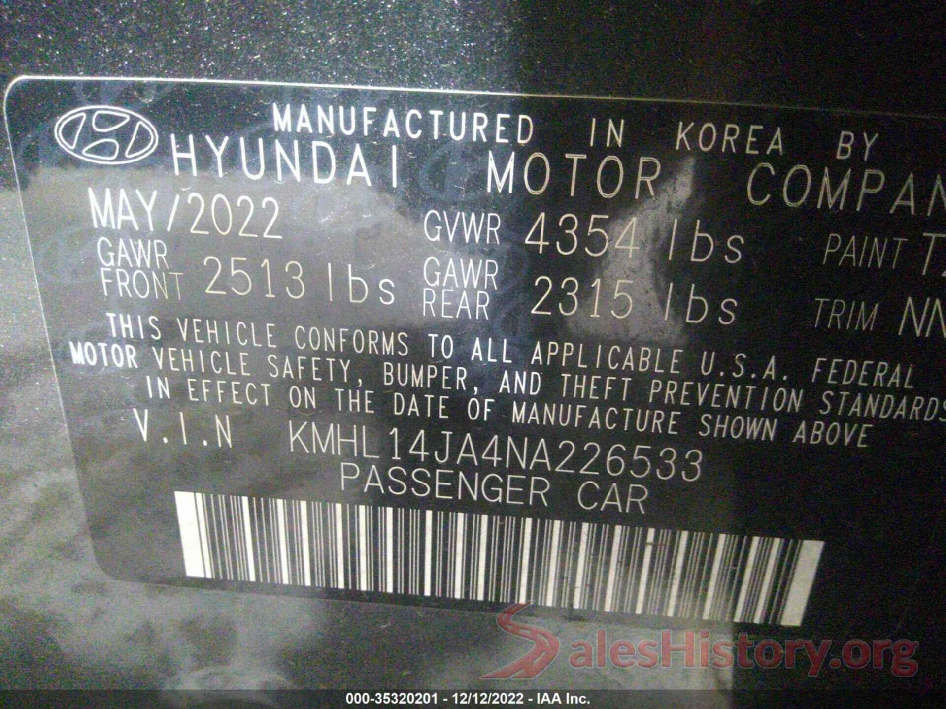 KMHL14JA4NA226533 2022 HYUNDAI SONATA