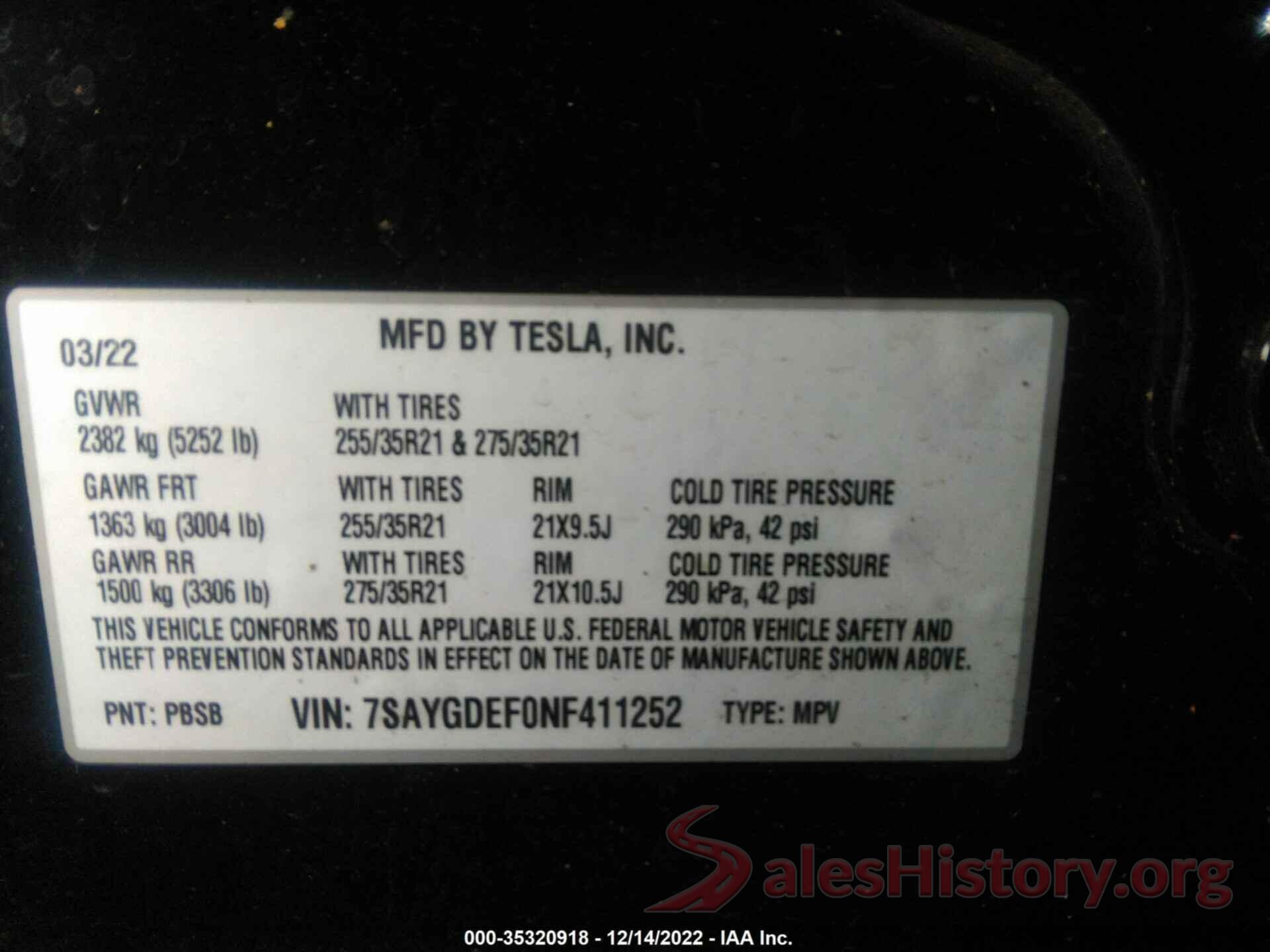 7SAYGDEF0NF411252 2022 TESLA MODEL Y