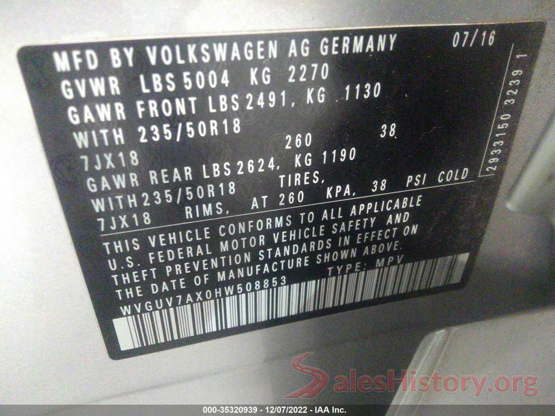 WVGUV7AX0HW508853 2017 VOLKSWAGEN TIGUAN