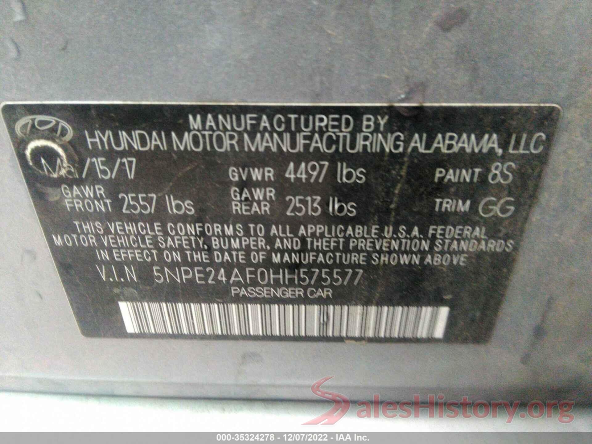 5NPE24AF0HH575577 2017 HYUNDAI SONATA