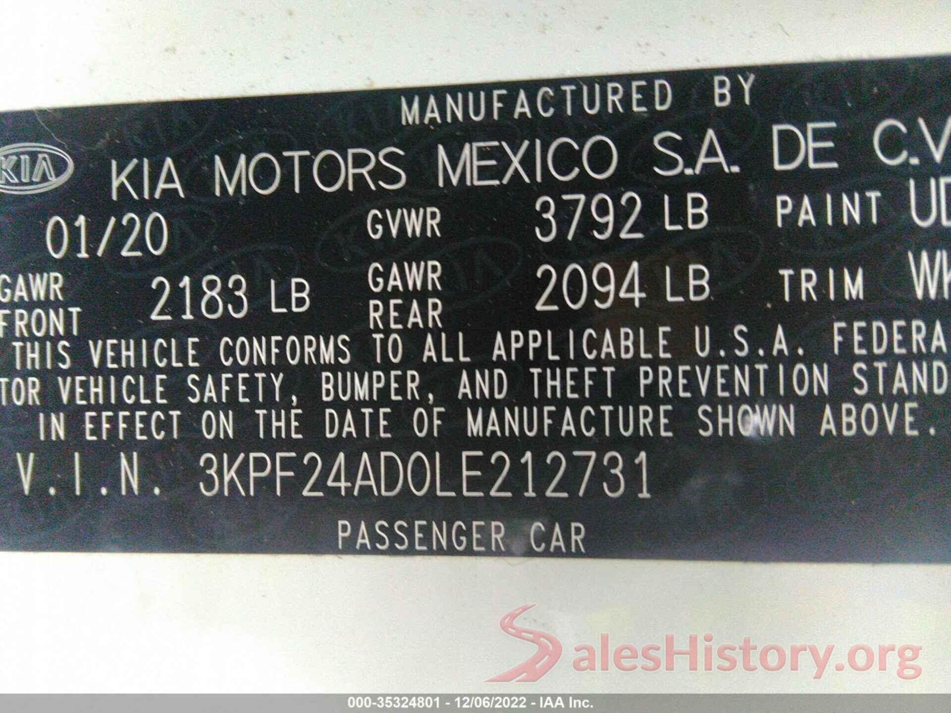 3KPF24AD0LE212731 2020 KIA FORTE