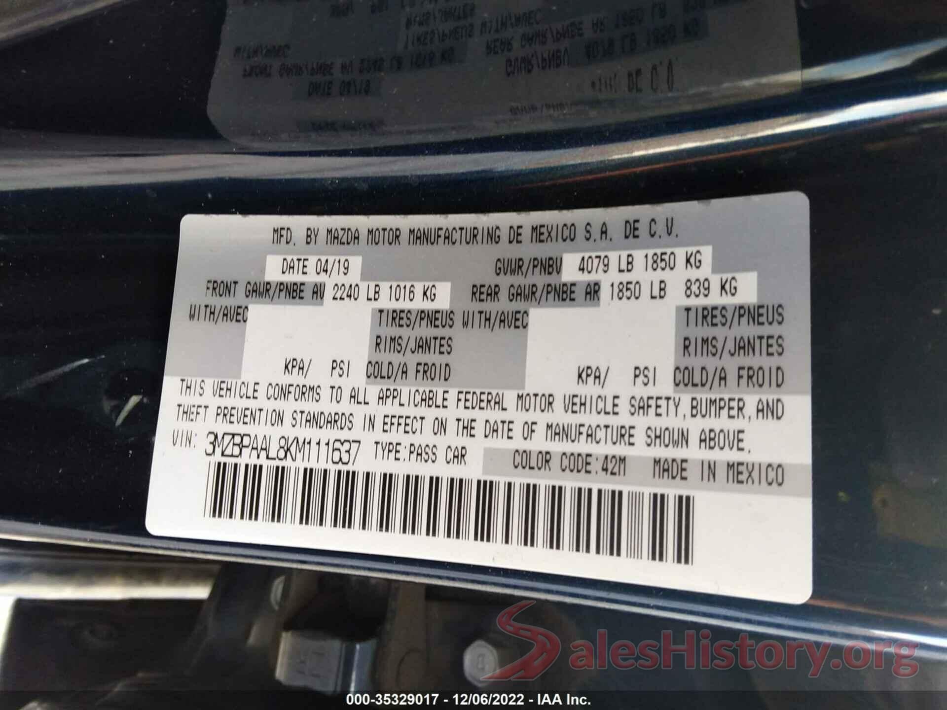 3MZBPAAL8KM111637 2019 MAZDA MAZDA3 SEDAN