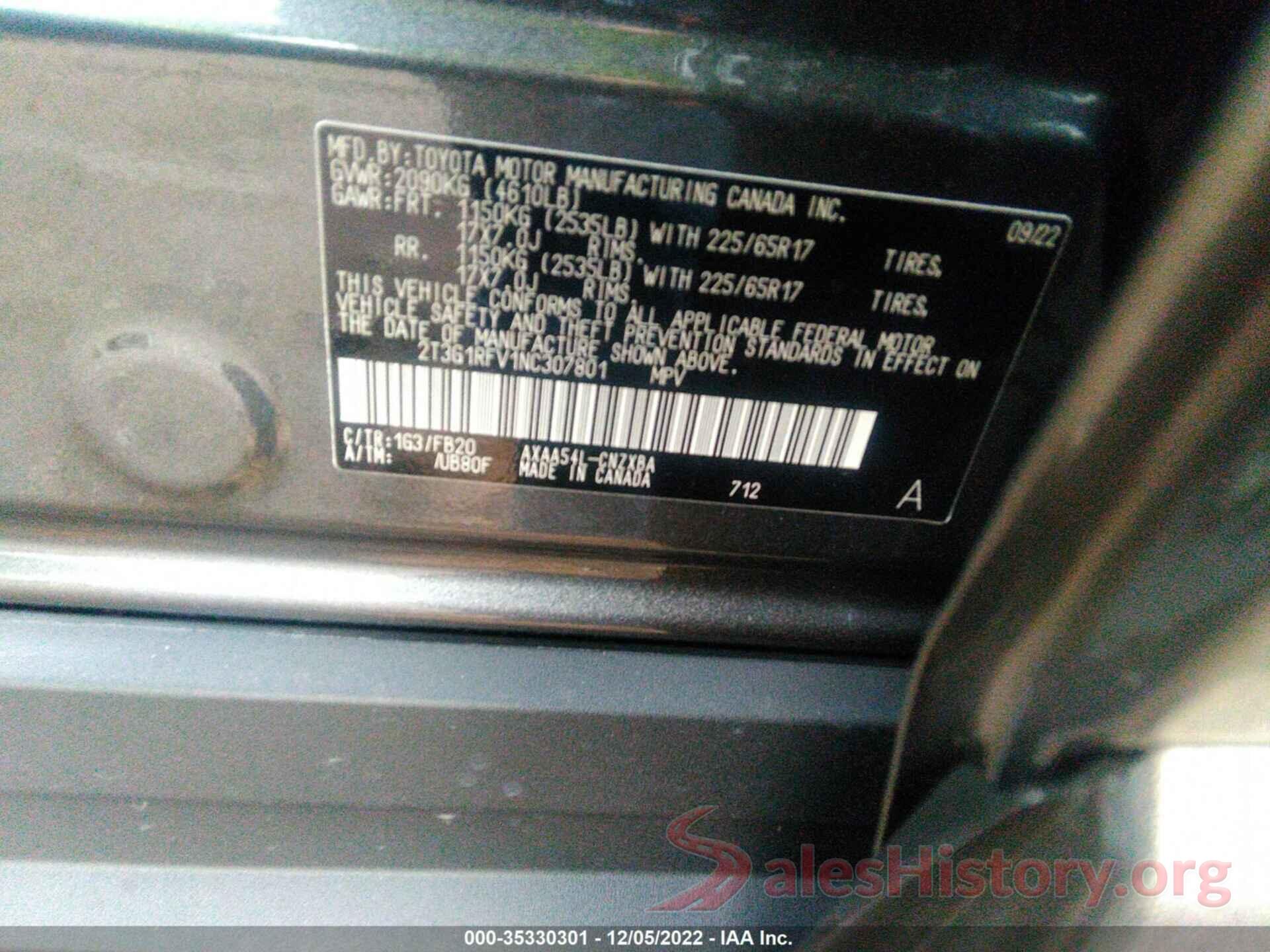 2T3G1RFV1NC307801 2022 TOYOTA RAV4