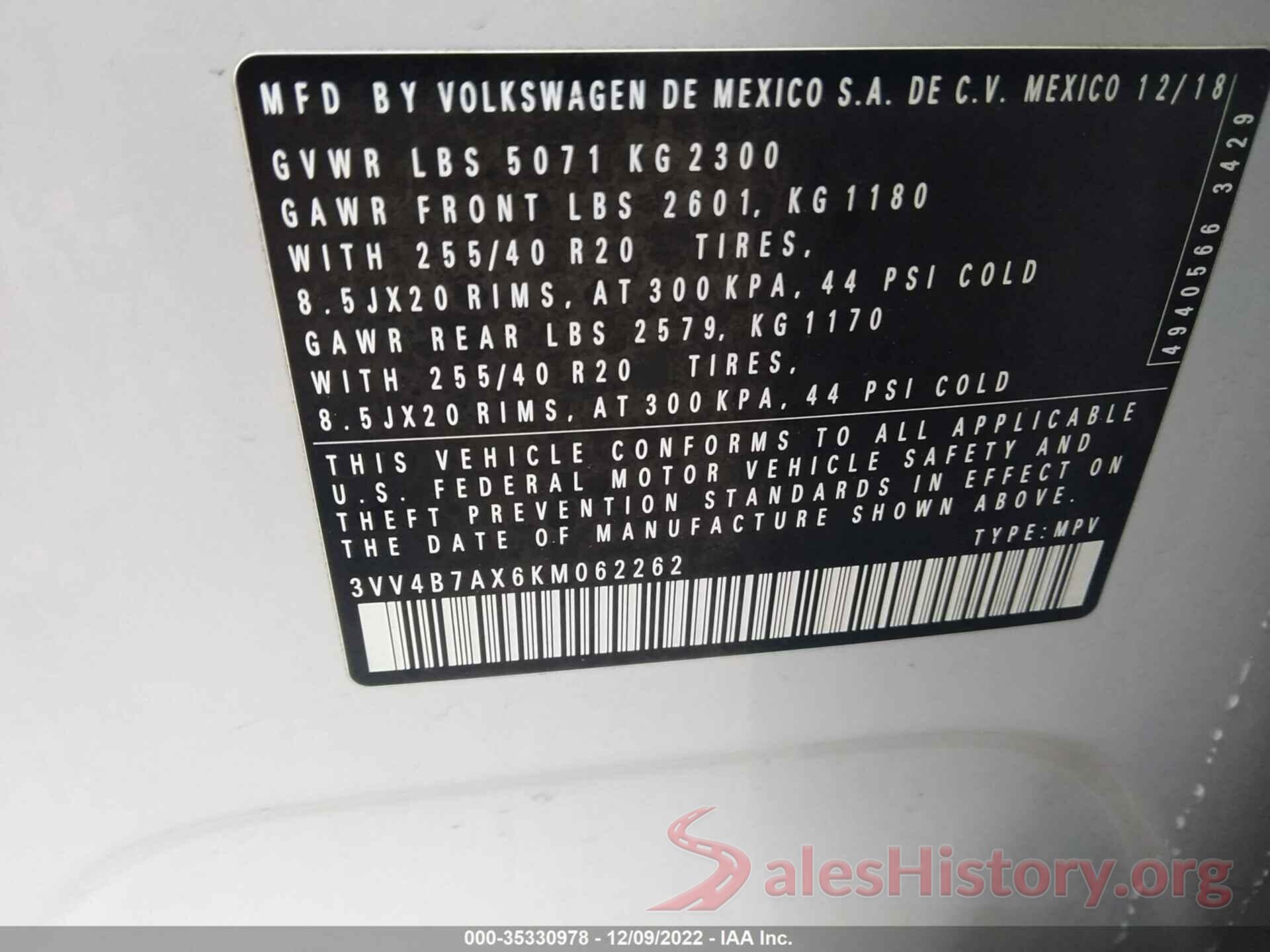 3VV4B7AX6KM062262 2019 VOLKSWAGEN TIGUAN