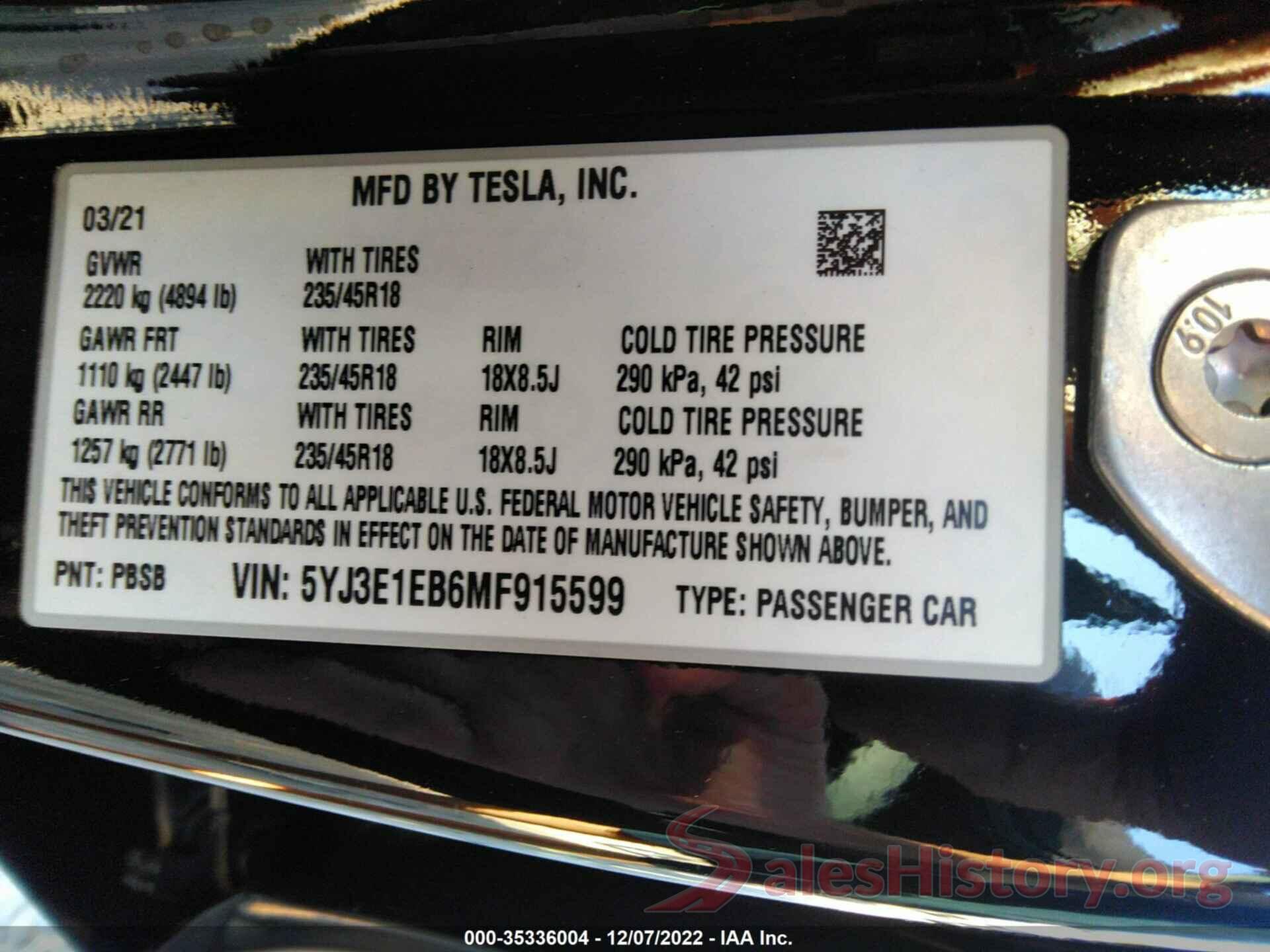 5YJ3E1EB6MF915599 2021 TESLA MODEL 3