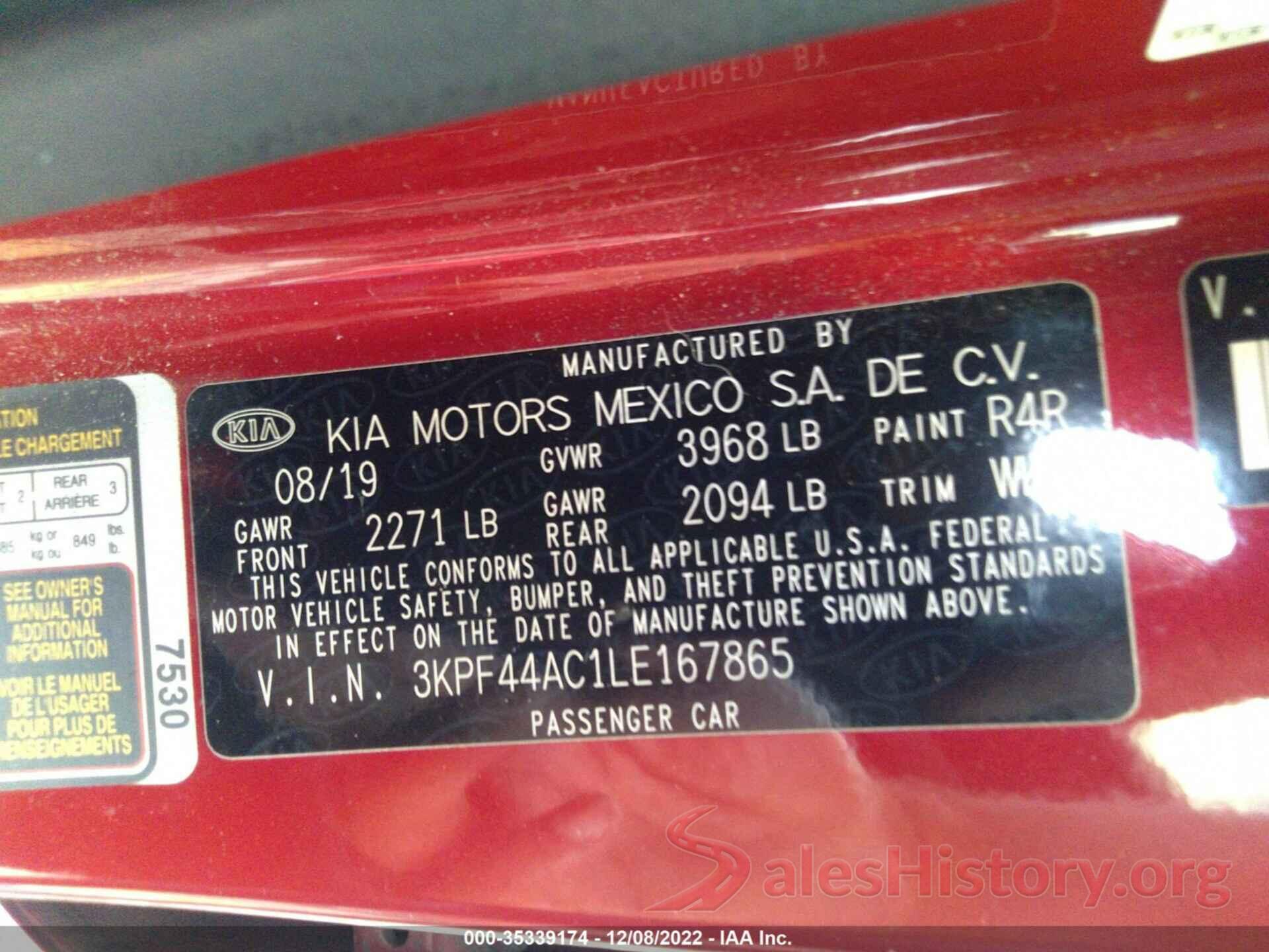 3KPF44AC1LE167865 2020 KIA FORTE