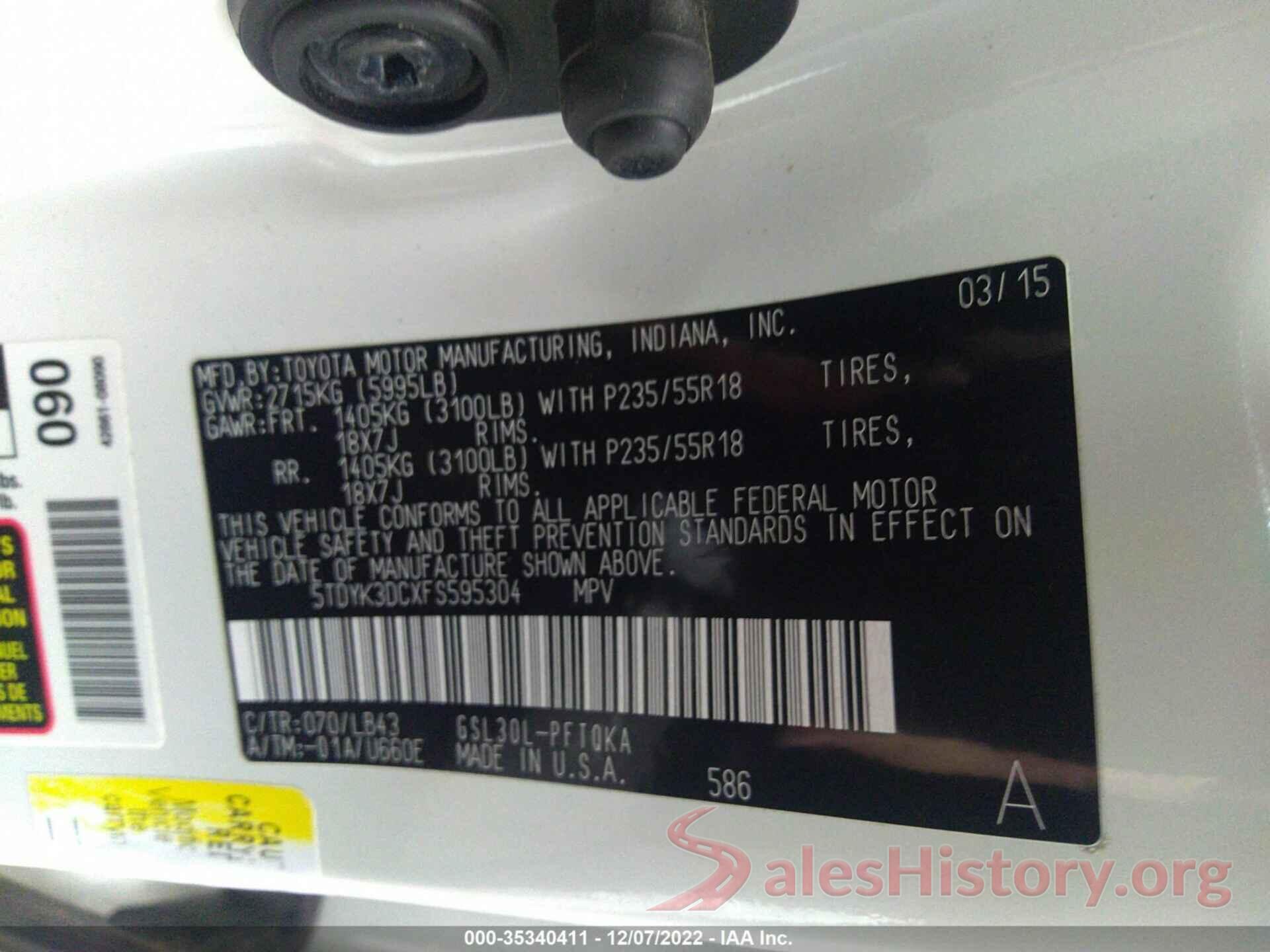 5TDYK3DCXFS595304 2015 TOYOTA SIENNA