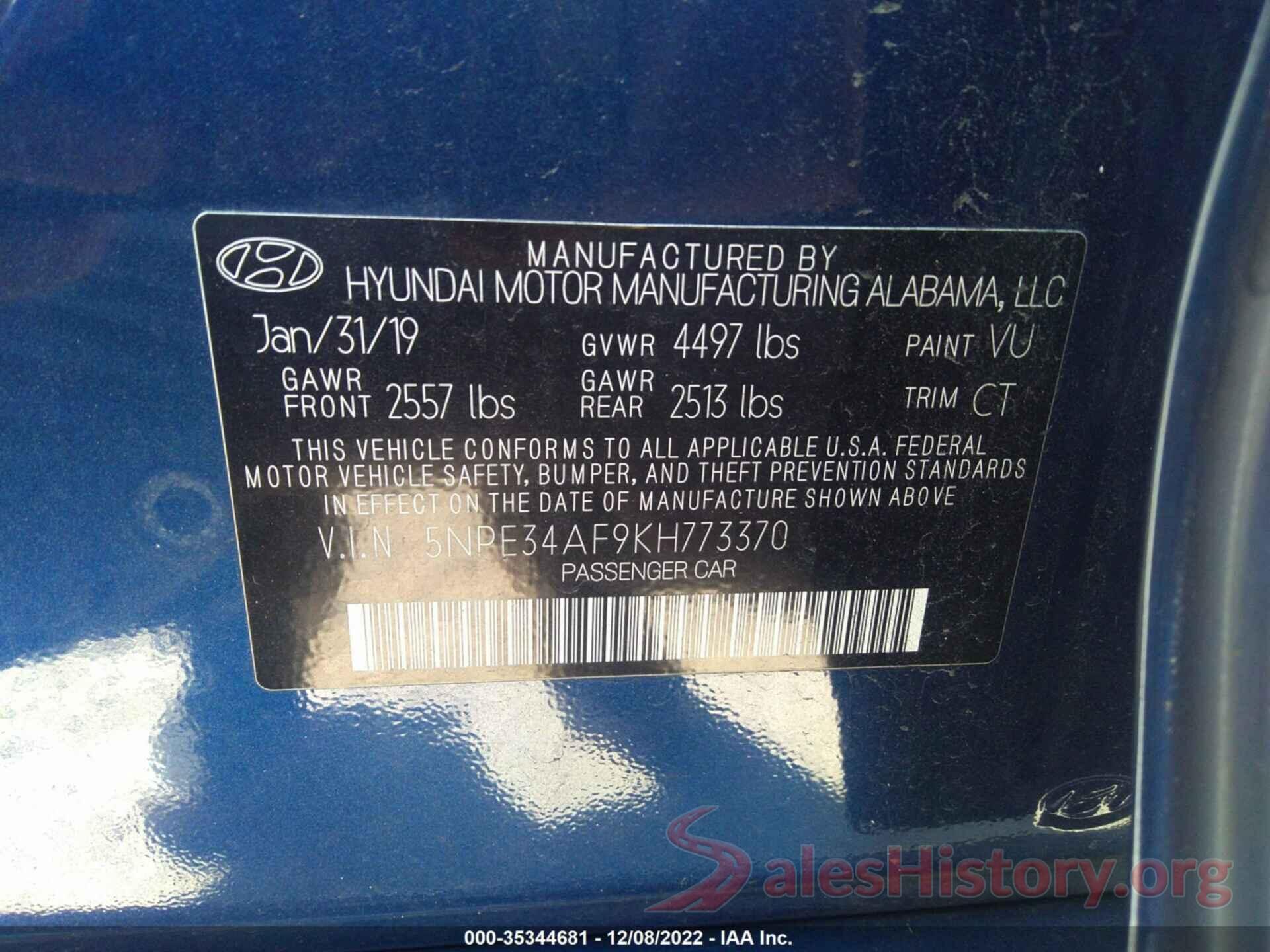 5NPE34AF9KH773370 2019 HYUNDAI SONATA