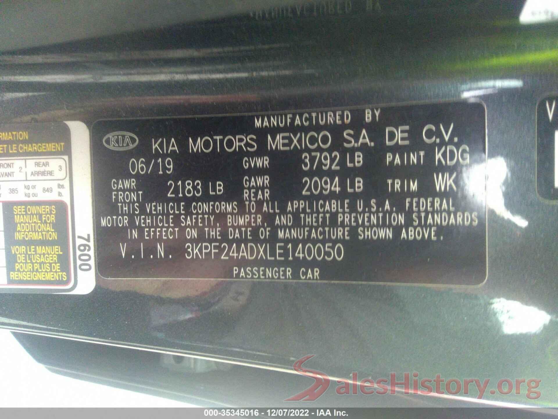 3KPF24ADXLE140050 2020 KIA FORTE