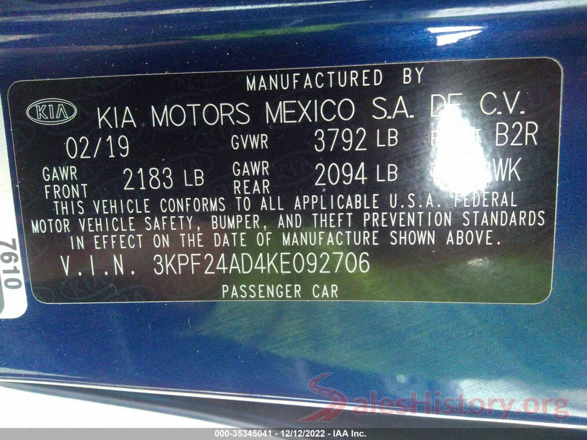 3KPF24AD4KE092706 2019 KIA FORTE