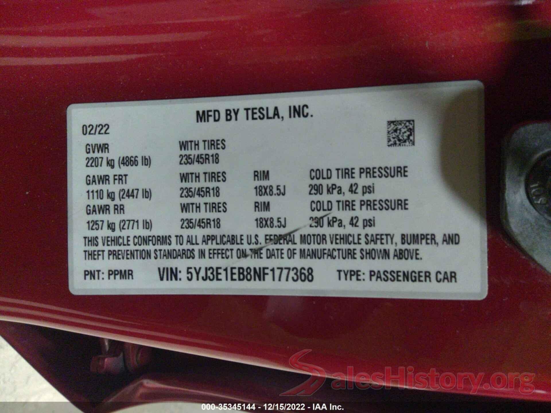 5YJ3E1EB8NF177368 2022 TESLA MODEL 3