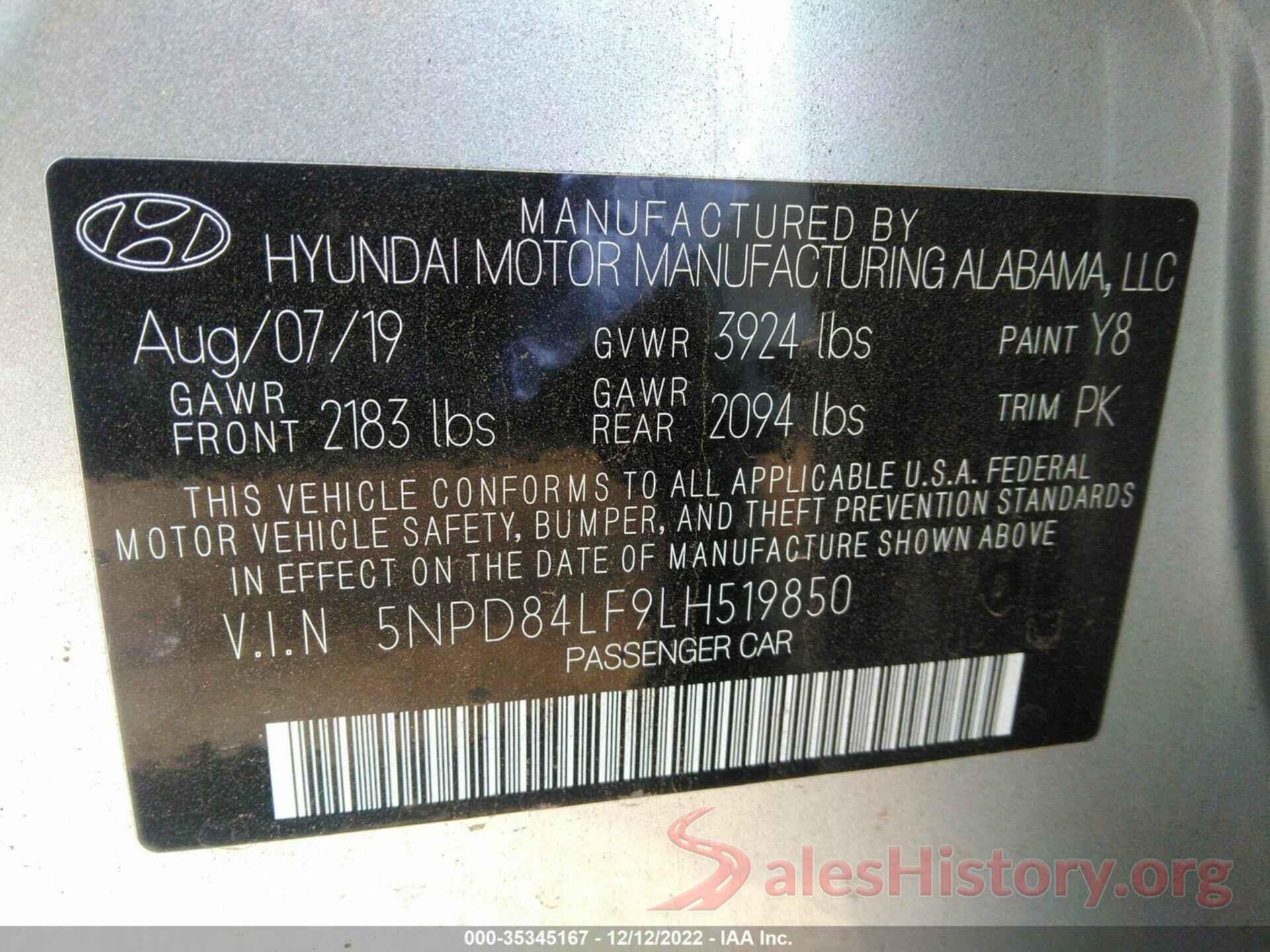 5NPD84LF9LH519850 2020 HYUNDAI ELANTRA