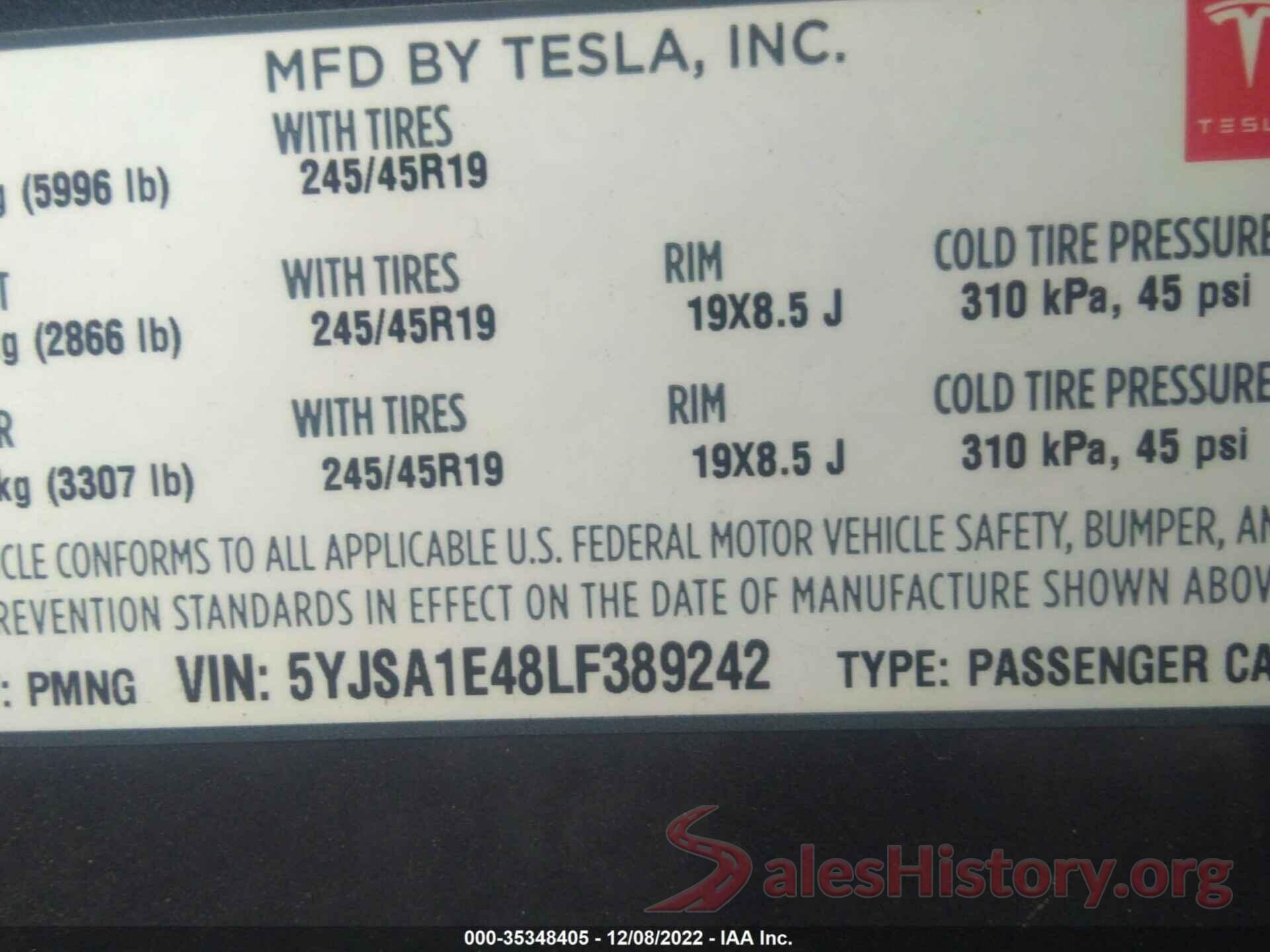 5YJSA1E48LF389242 2020 TESLA MODEL S