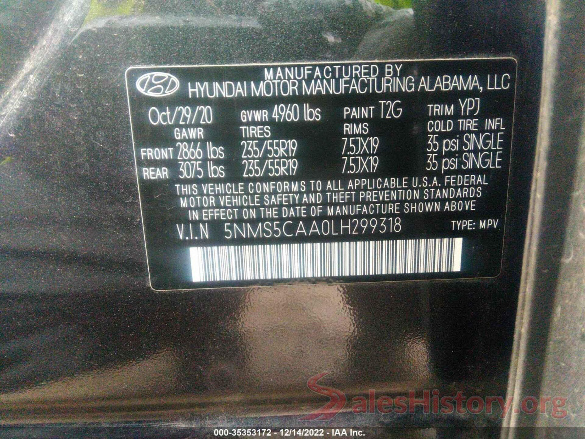 5NMS5CAA0LH299318 2020 HYUNDAI SANTA FE